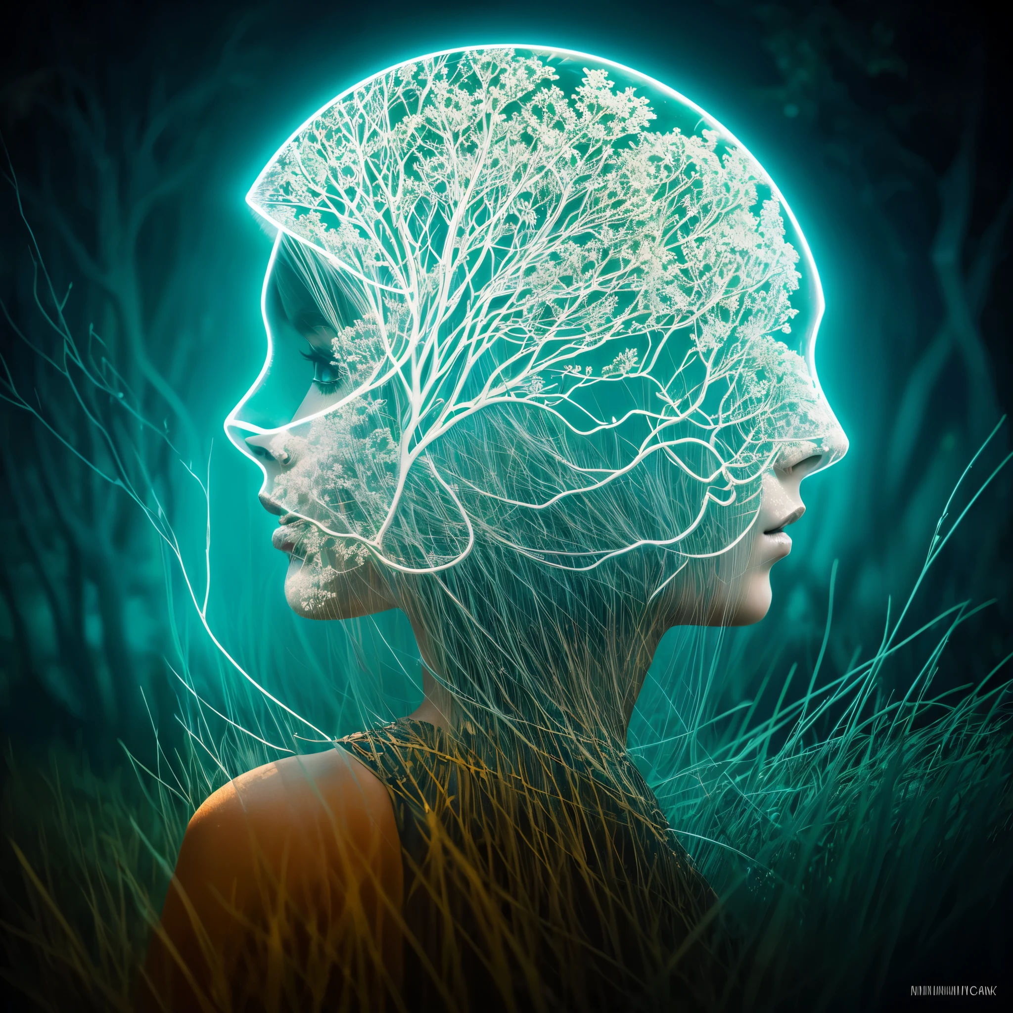 double exposure, solid white back ground, mysterious silhouette forest woman, bioluminescence , amazing depth, masterwork, surreal, geometric patterns, intricately detailed, bokeh, perfect balanced, deep fine borders, artistic photorealism, smooth, great masterwork by head of prompt engineering