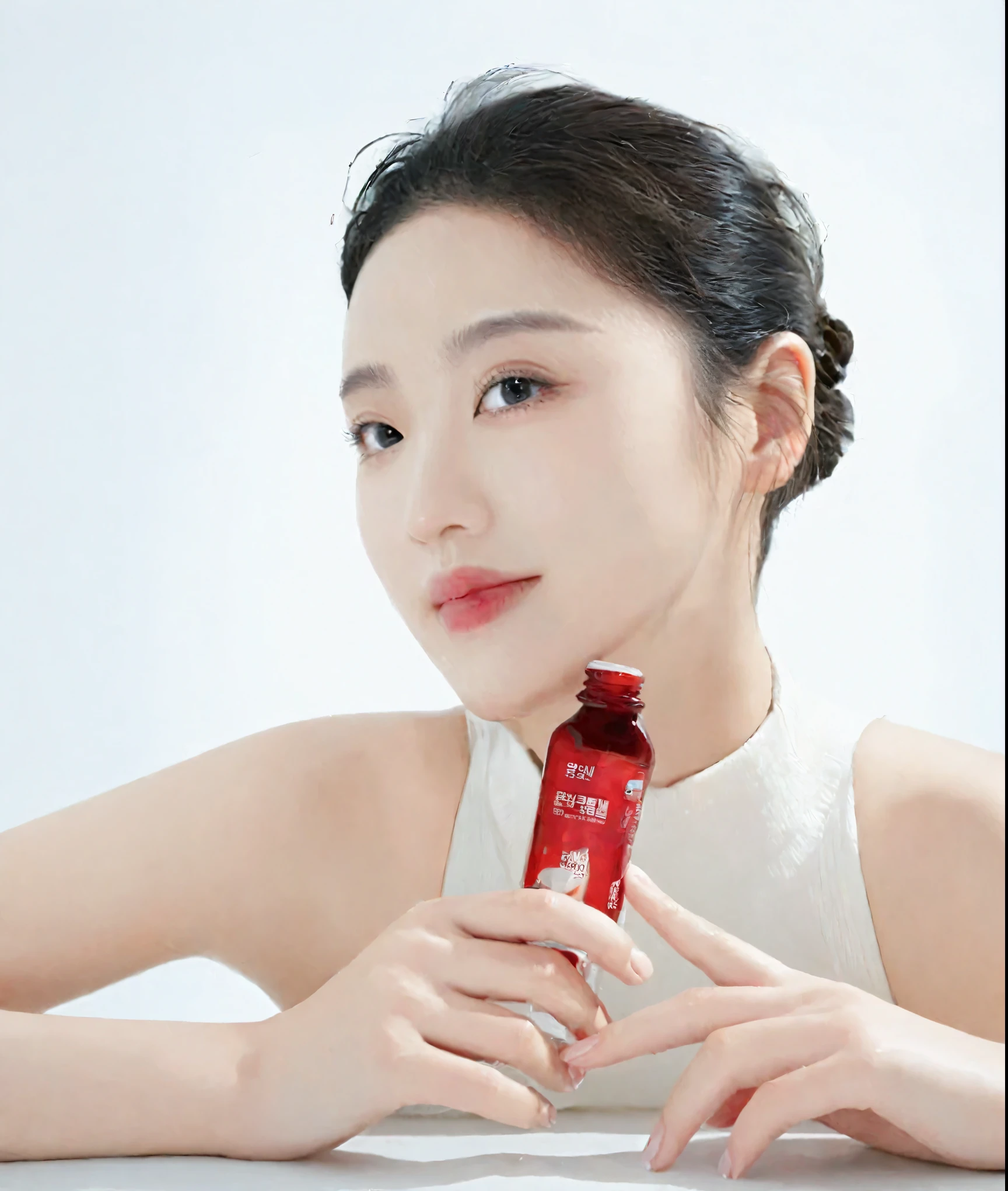 (a Korean beauty holding a bottle of red liquid),(photograph),(clean white background),(high quality, 4k),(front view)