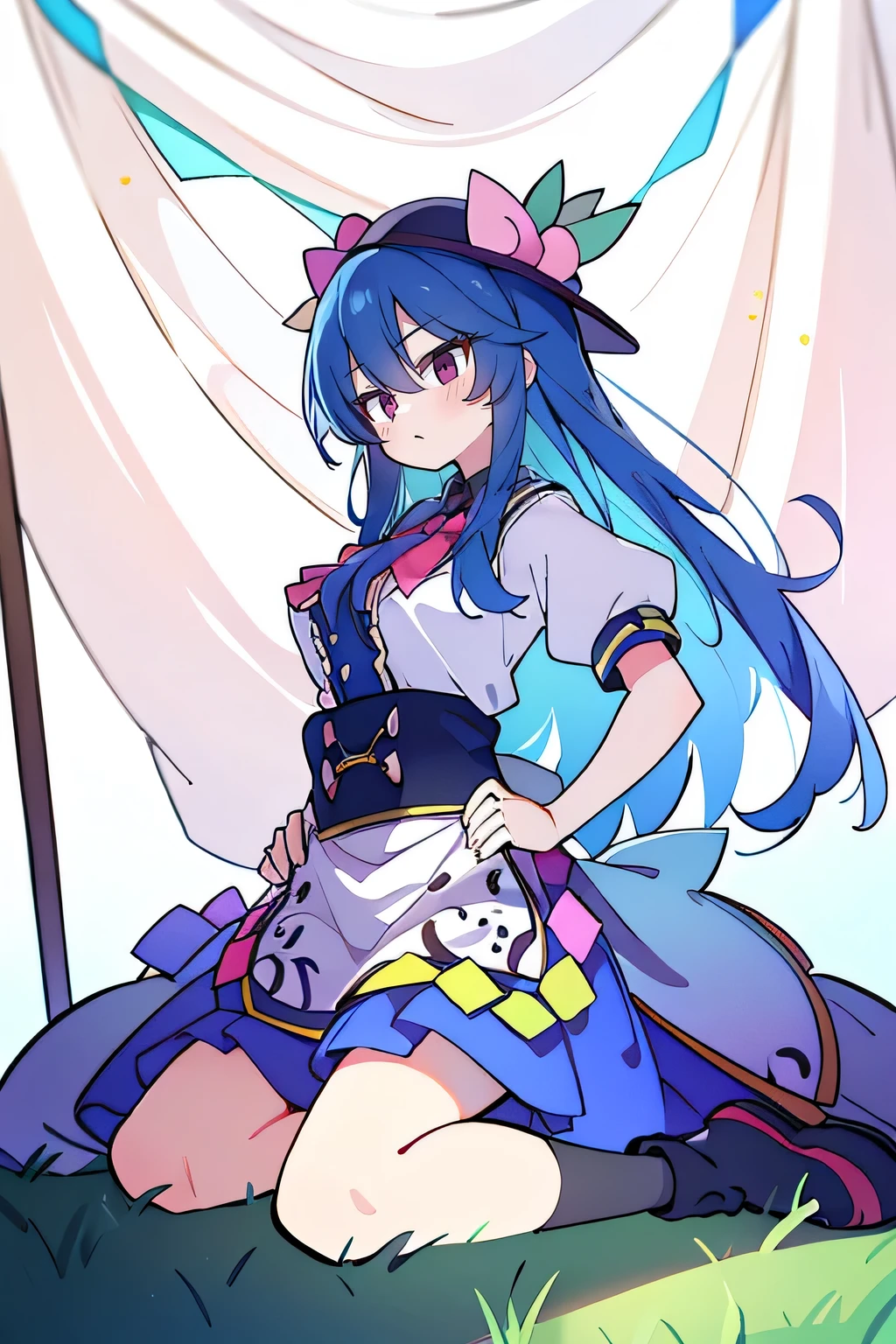 (masterpiece),best quality, expressive eyes, perfect face, 1girl,
Big breasts, H cup, Good breasts, Put your hands on your waist,fair, Gorgeous,Japanese cartoons,girl,lola,Hina Angel, blue hair, blue haired,tent , tent chest, tent breast, floating clothes,Grab your waist, Grab your waist, hands on hips , hands on hips,sit, sit on ground, Legs on the ground