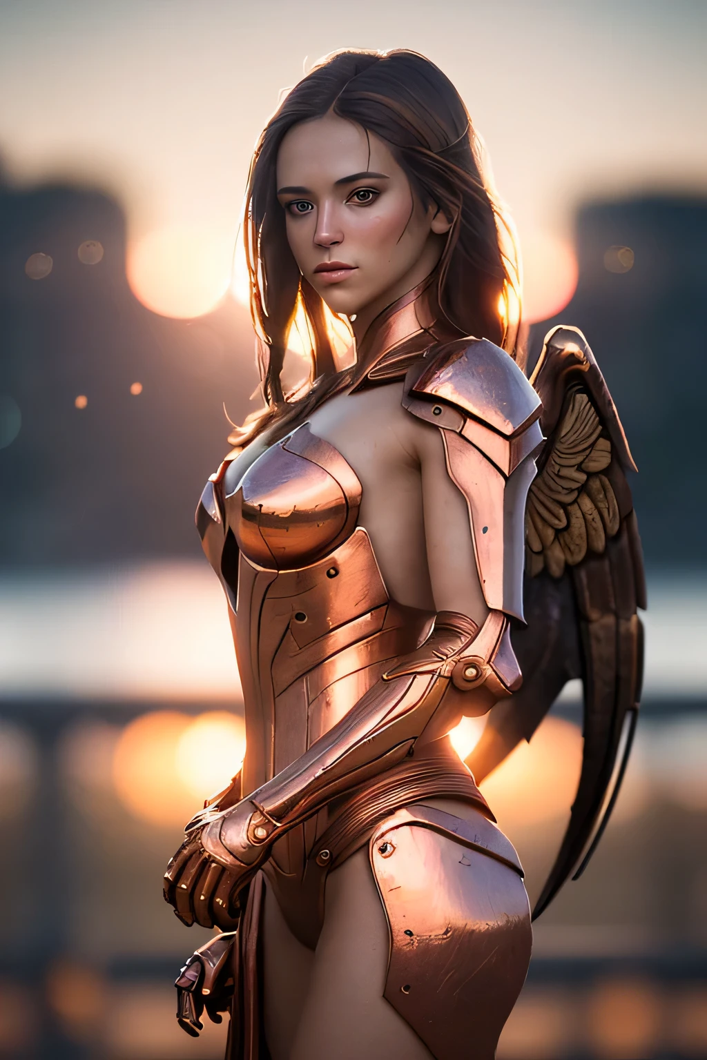 (masterpiece), (very complicated:1.3), (realistic), girl portrait, the most beautiful in the world, (metal wings), copper reflection, cowboy shot, outdoor, intense sunlight, distant sky, Stunning female professional photo details, sharp focus, dramatic, Award history, cinematic lighting, Octane Rendering Unreal Engine, volumetrics dtx, (film grain, blurred background, blurred foreground, Bokeh, Depth of the bounds written, sunset, motion blur:1.3)