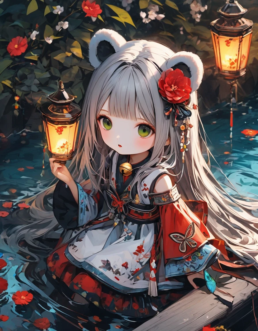 (masterpiece), (best quality), illustration, ultra detailed, hdr, Depth of field, (colorful),[Xnkzzmcz],[iumu],green eyes, 1girl, long hair, solo, flower, hair ornament, looking at viewer, very long hair, butterfly, sitting, hair flower, lantern, bug, water, bangs, full body, bell, red flower, hair between eyes, long sleeves, parted lips, detached sleeves, butterfly on hand, hand up, grey hair, jingle bell, animal ears