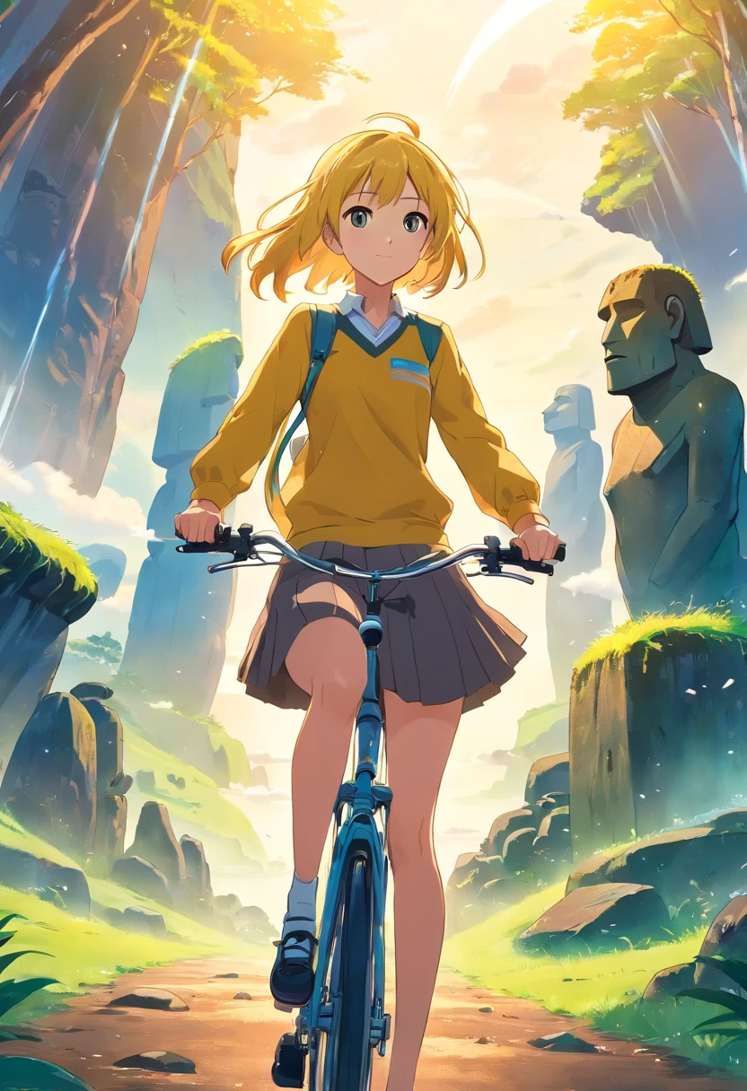 a girl rides a bicycle, yellow hairband, , serafuku, long sleeves, pleated skirt, moai in the background on Easter Island