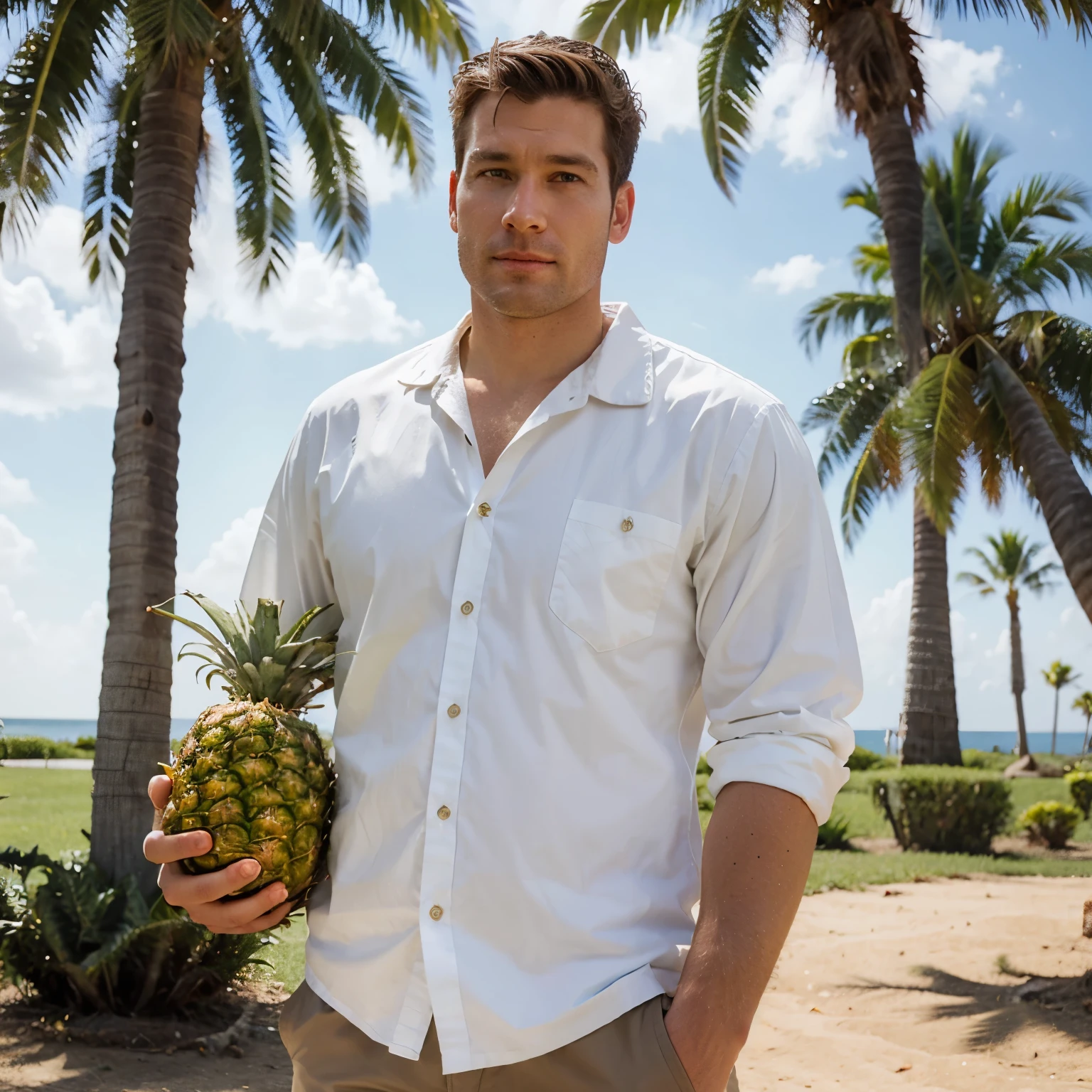 A white man in good clothes holding a pineapple in his right hand