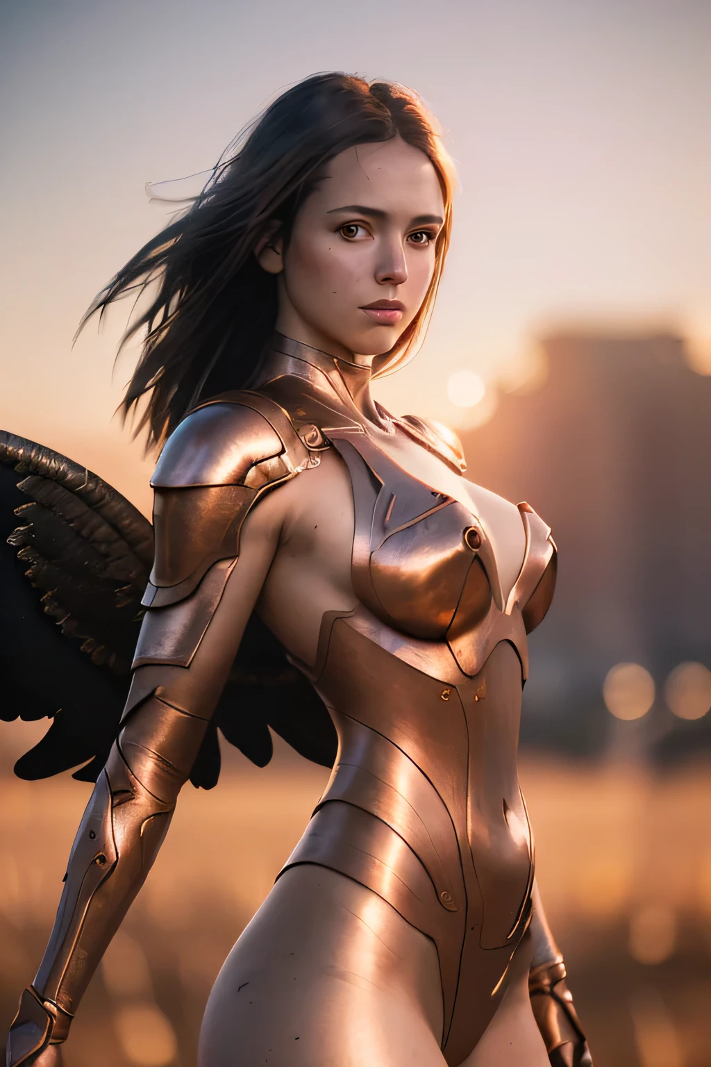 (masterpiece), (very complicated:1.3), (realistic), girl portrait, the most beautiful in the world, (metal wings), copper reflection, cowboy shot, outdoor, intense sunlight, distant sky, Stunning female professional photo details, sharp focus, dramatic, Award history, cinematic lighting, Octane Rendering Unreal Engine, volumetrics dtx, (film grain, blurred background, blurred foreground, Bokeh, Depth of the bounds written, sunset, motion blur:1.3)