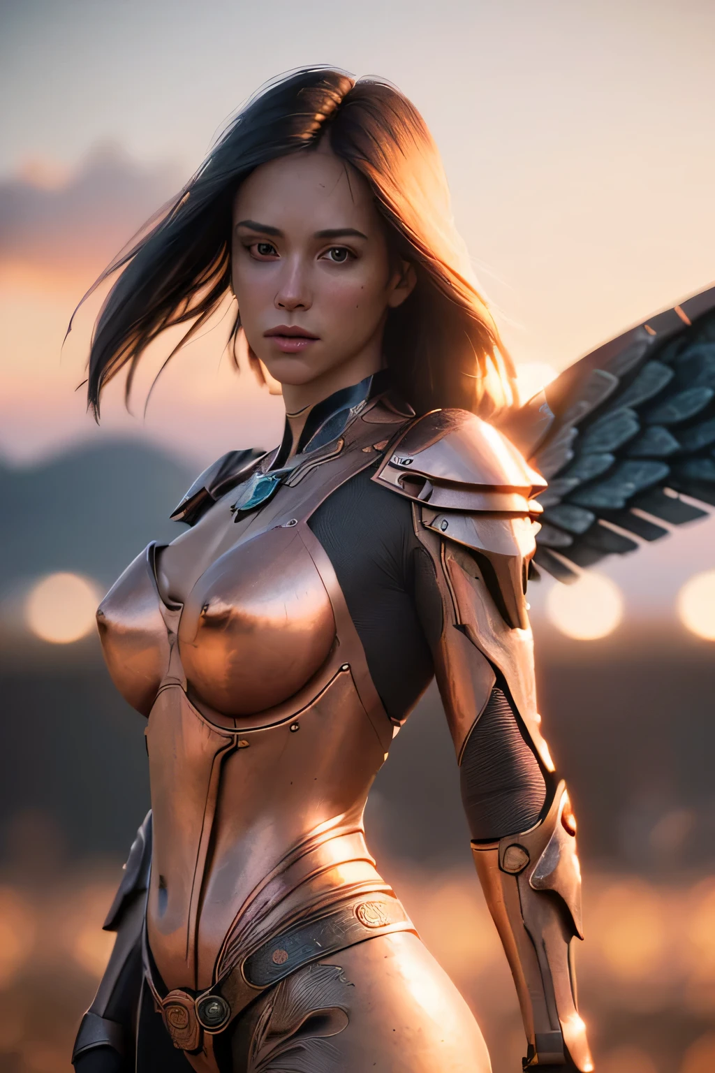 (masterpiece), (very complicated:1.3), (realistic), girl portrait, the most beautiful in the world, (metal wings), copper reflection, cowboy shot, outdoor, intense sunlight, distant sky, Stunning female professional photo details, sharp focus, dramatic, Award history, cinematic lighting, Octane Rendering Unreal Engine, volumetrics dtx, (film grain, blurred background, blurred foreground, Bokeh, Depth of the bounds written, sunset, motion blur:1.3)