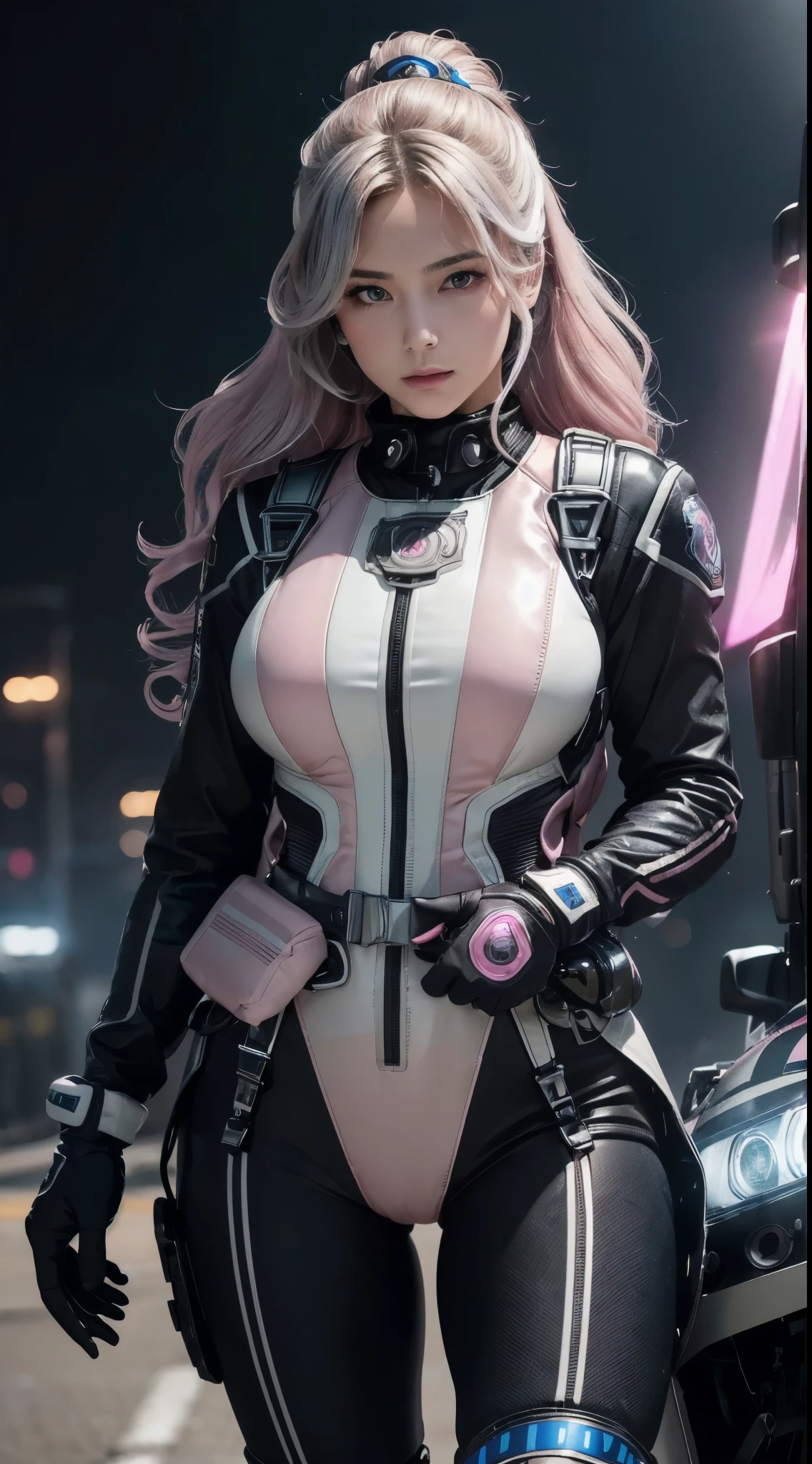 Top Quality, Ultra High Definition, (backlight), (Photorealistic: 1.4), (front shot:1), 1 Beautiful Girl, Detailed Face, (Hair Style: Pink:1, fullbang, long wavy-hairstyle:1), Contrapposto, Perfect Anatomy, muscular and plump:0.5, Professional Lighting, ((wearing Futuristic Police Racing Suits, police wappen, High-tech Headset, military harness, racing gloves, handgun)), outside honey wavy hairstyle, ("POLICE", Cloths colors based on silver pink black white), (background, crashed abandoned machines, smokes,