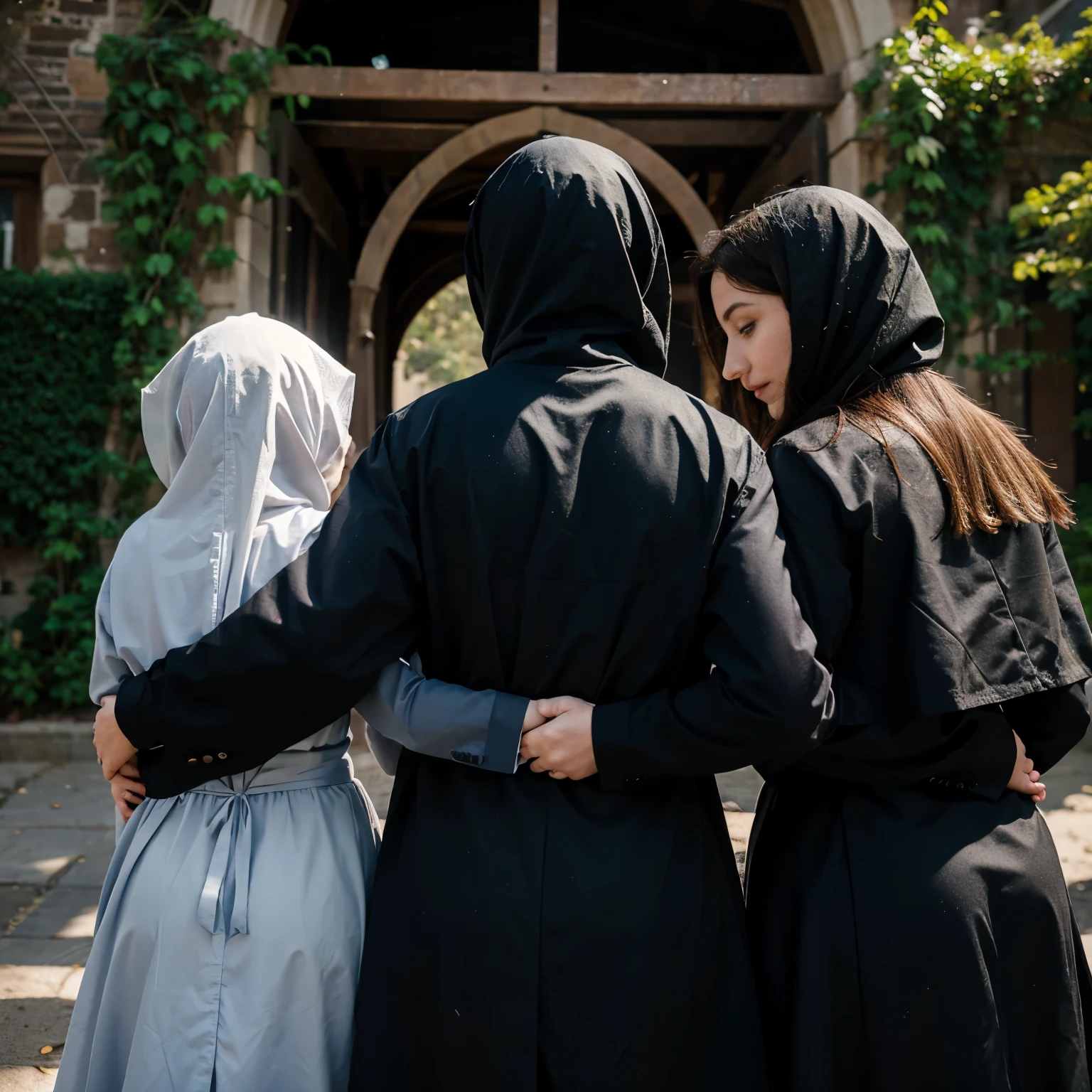 Create for me a family from behind made up of a veiled woman and a man accompanied by 2 girls aged 6 and 3
