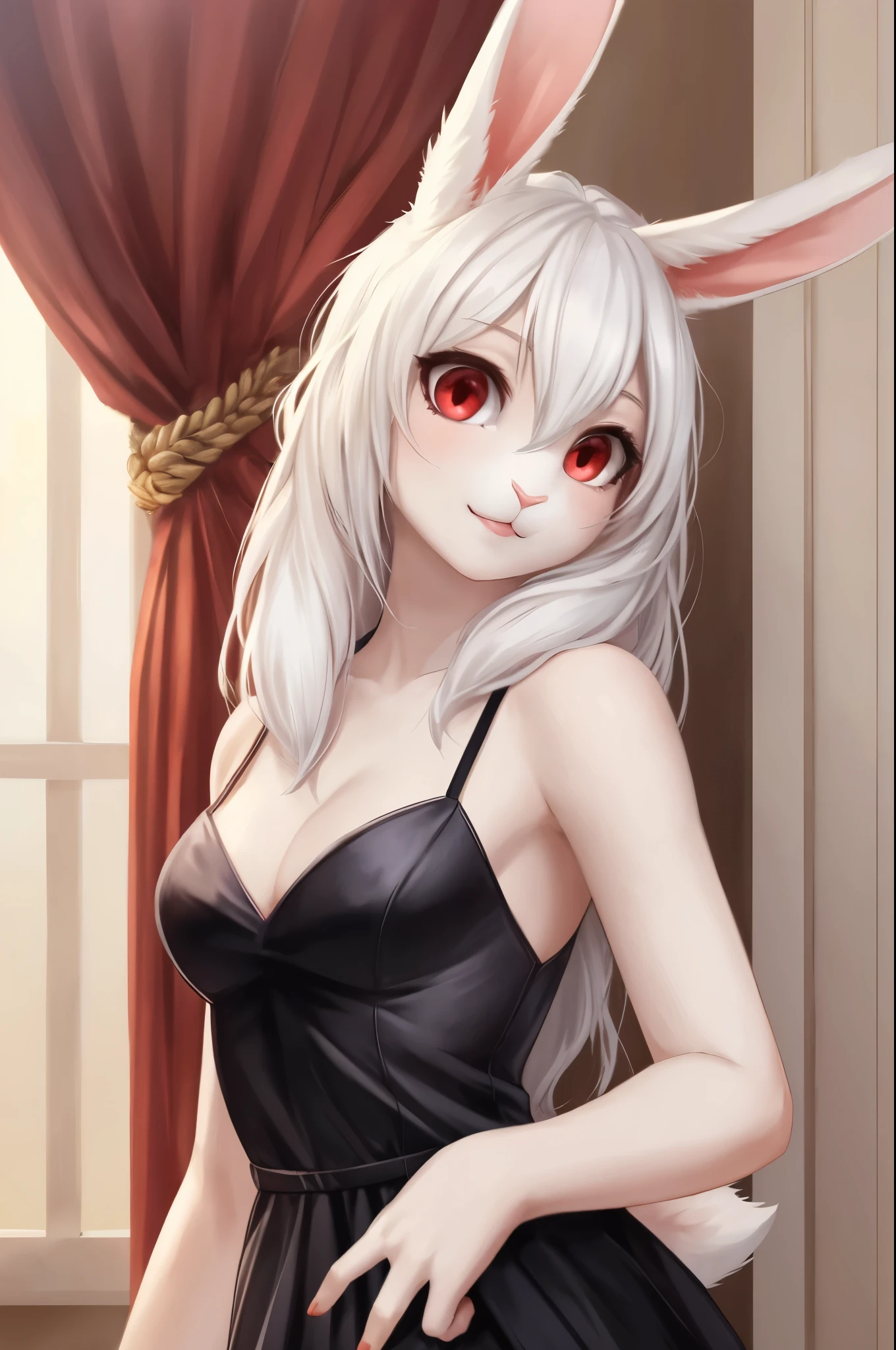 detailed face eyes and fur, 1girl, solo, rabbit girl, clothed, body fur, white rabbit, white fur, detailed fluffy fur, looking at viewer, red eyes, black dress, upper body
