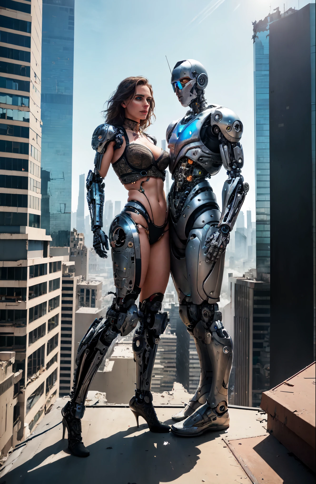 Sexual relationship between a male cyborg and a female cyborg on the roof of a skyscraper, high quality, best quality, absurdres, masterpiece, beautiful, intricate details, 1/2 body crop, slim body, beautiful figure, magnificent anatomy, (intricate details:1.12), HDR, (intricate details, hyper-detailing:1.15), (natural skin textures, hyper realisitc, soft light, Sharp:1.2), big destroyed city, post apocalyps