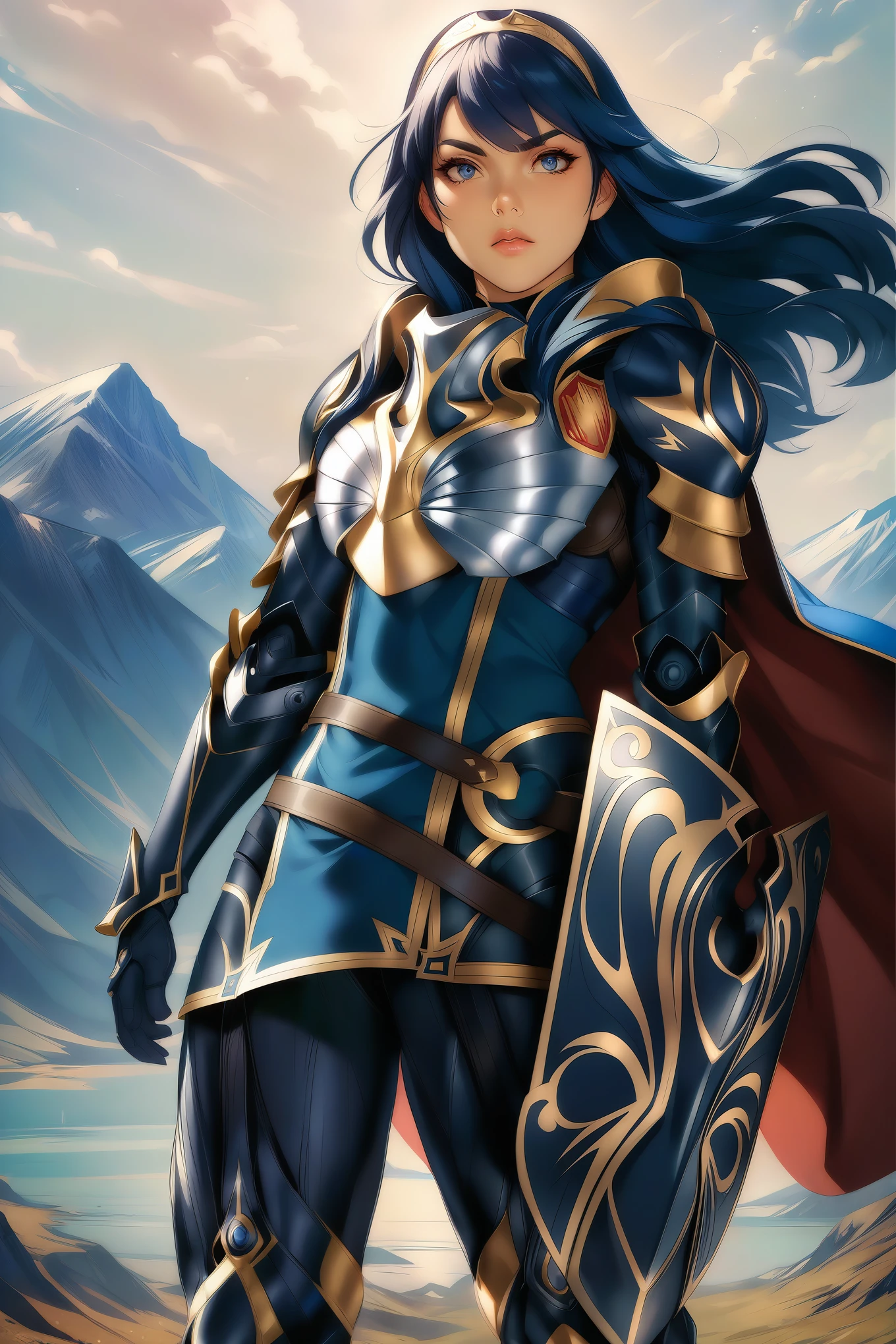 masterpiece, best quality, solo, 1girl, anime coloring, brvLucy, tiara, cape, breastplate, full armor, gauntlets, armored legwear, shield, serious, mountains, sky