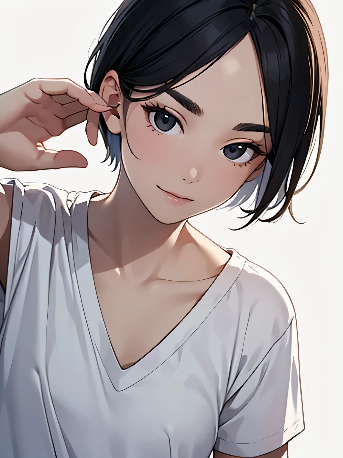 masterpiece, High resolution, High-definition CG Unity 8K,realistic,RAW photo,beautiful detailed face, white skin,(1girl),skinny,flat chest,(black eyes),black hair,(very short hair),(forehead),side undercut,swept bangs,(white V-neck T-shirt),(white background),(troubled eyebrows),(grin:0.5),