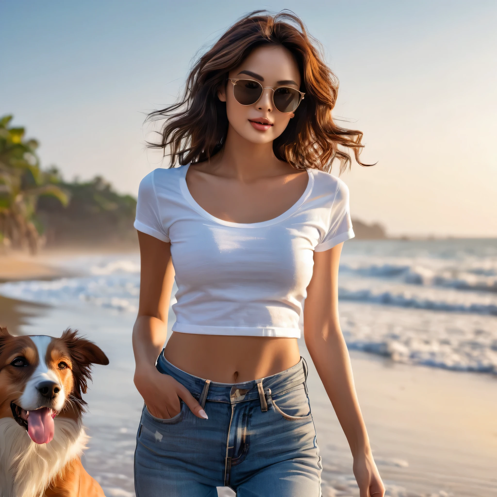 (Best Quality, High Resolution, Masterpiece: 1.3), A tall and beautiful woman, slender abs, dark brown hair, loose wavy shape, breasts, white T-shirt a dog being printed on it, jeans, sunglasses, evening, details of face and skin texture beautifully presented, detailed eyes, double eyelids infront of a beach