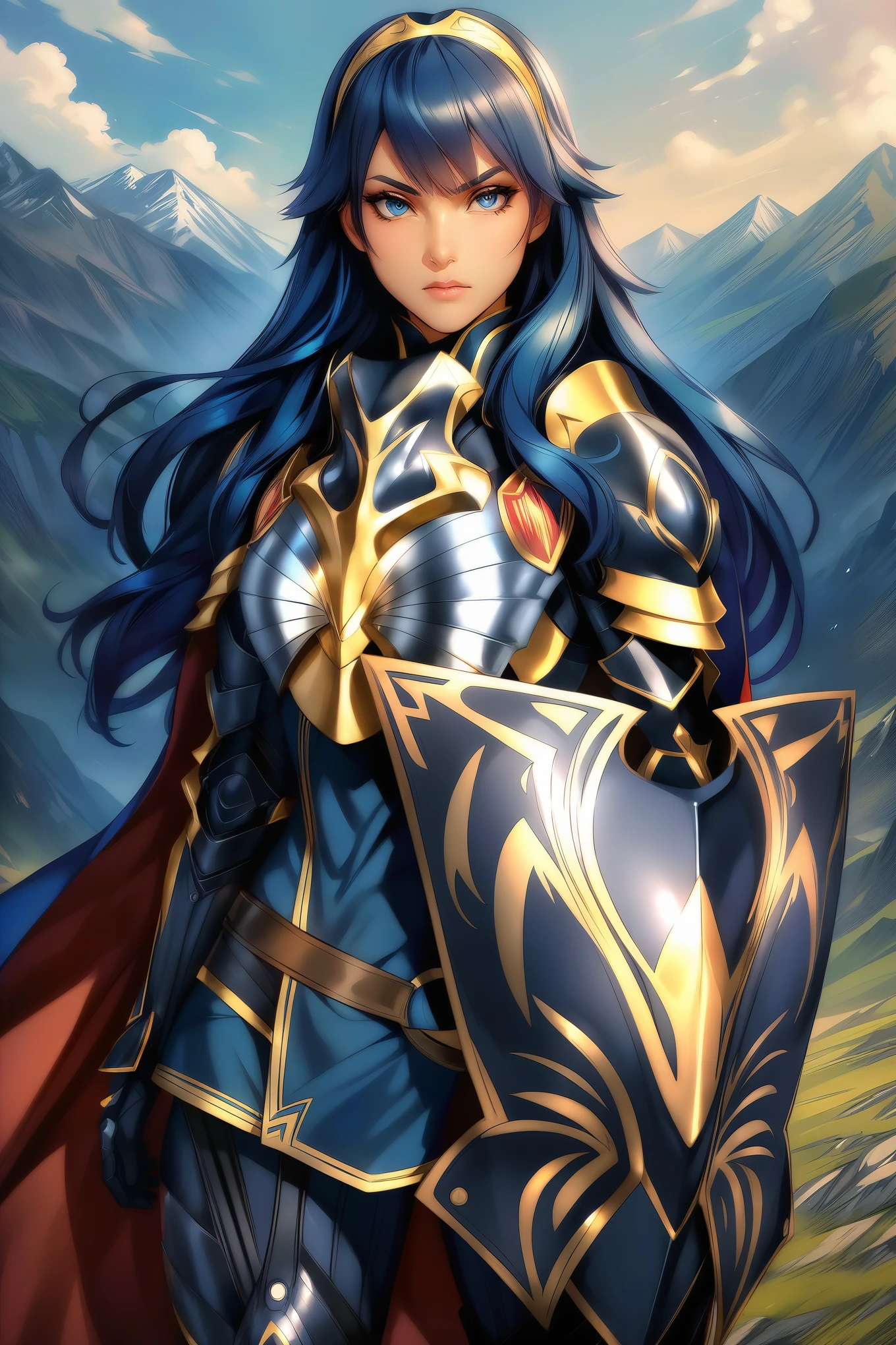 masterpiece, best quality, solo, 1girl, anime coloring, brvLucy, tiara, cape, breastplate, full armor, gauntlets, armored legwear, shield, serious, mountains, sky