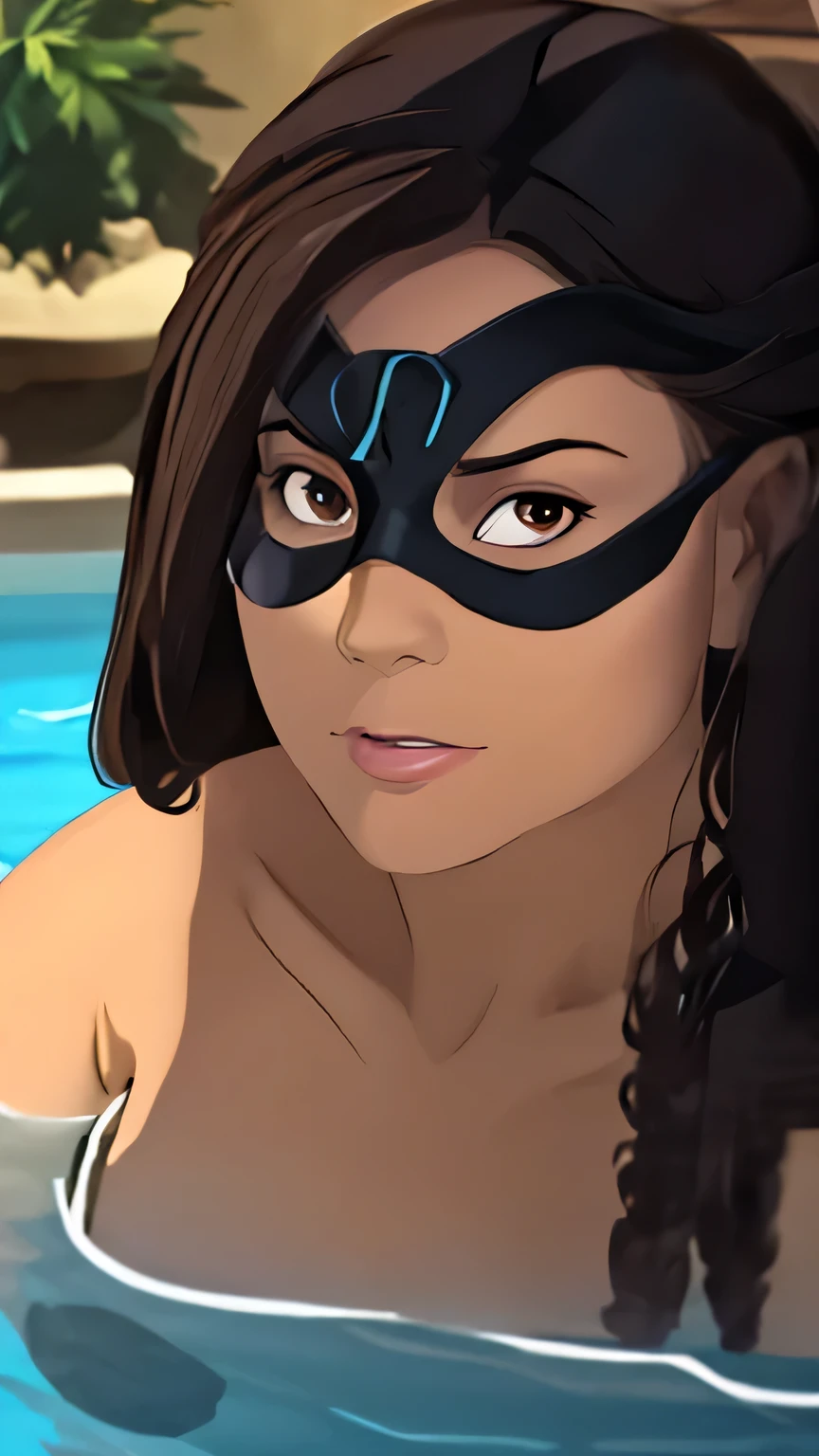 ((close-up, eye mask)), a 35yo woman  (shoulder-length black curly hair, brown eyes),  ((wearing black bikini)), ((Eye Mask):1.3), in a pool, (masterpiece, best quality:1.2), photorealistic, HDR, 4K, 8K, 16K