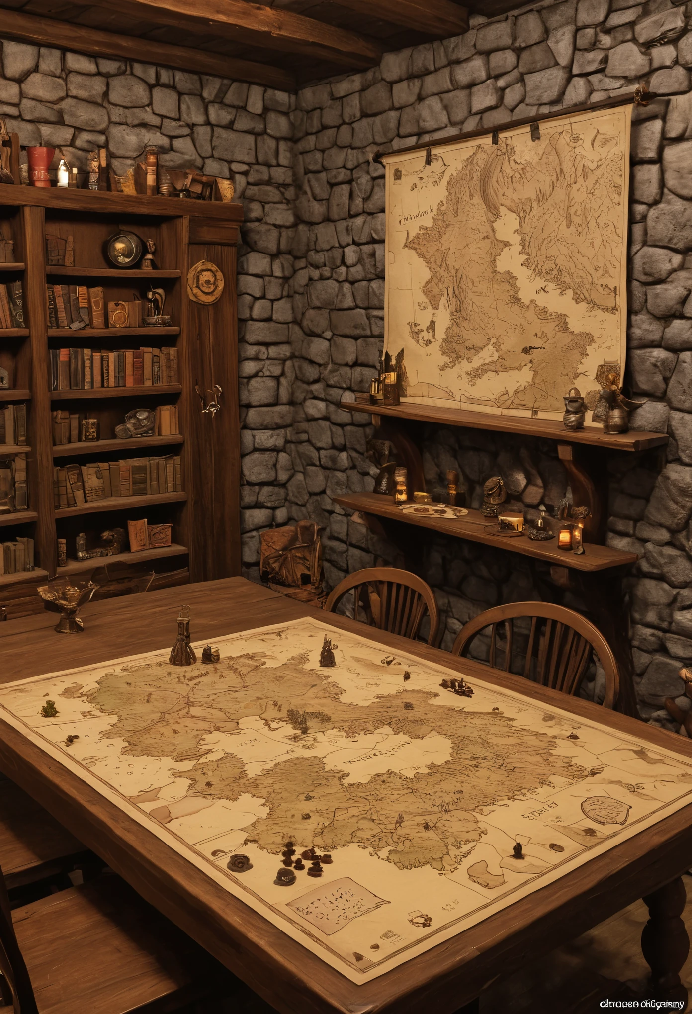 (D&D, Table top:1.4), Table, Vintage, indoor, Kodak, Medieval style, Fantasy, (Tabletop game, game, table top, D&D Figures, D&D Map:1.6), bookshelves, wood, chair, dynamic lighting, dynamic angle, (D&D figures:1.4), small game assets, (Dungeon and Dragons:1.2)