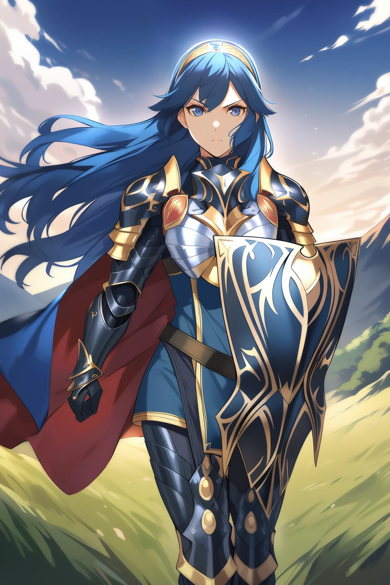 masterpiece, best quality, solo, 1girl, anime coloring, brvLucy, tiara, cape, breastplate, full armor, gauntlets, armored legwear, shield, serious, mountains, sky