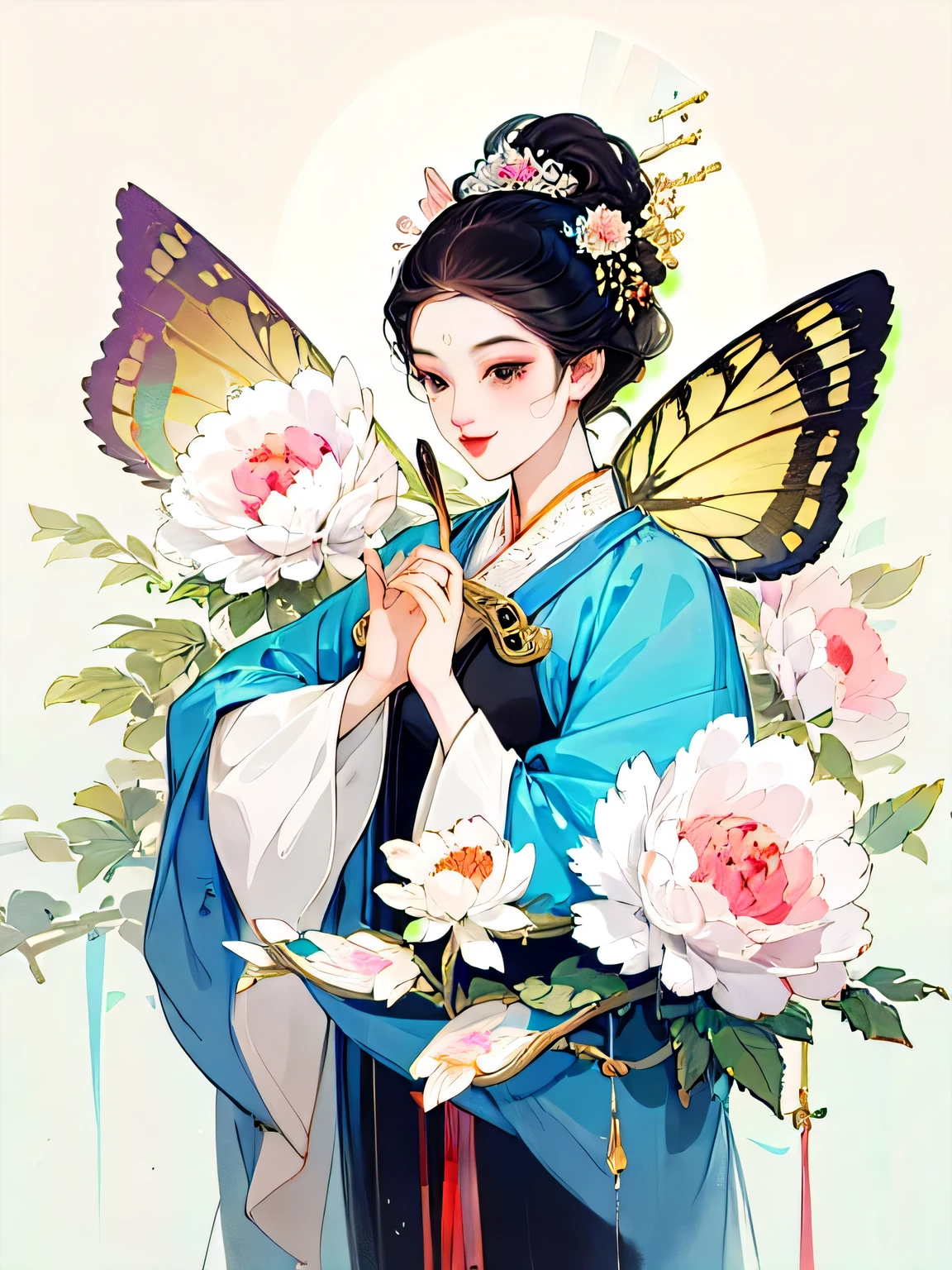 A cheerful elegant beauty, dignified and courteous, smart and confident, wearing ancient Chinese clothing, pastel-colored clothes, hand hiding in sleeves, lazy pose, light bright color silk, peony flower, butterflies, ink painting style, clean color, decisive cut, blank space, masterpiece, super detailed , epic composition, bright background