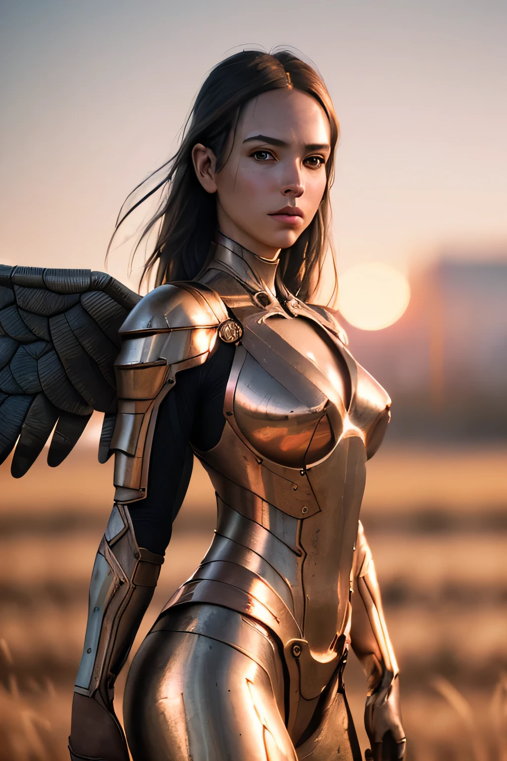 (masterpiece), (very complicated:1.3), (realistic), girl portrait, the most beautiful in the world, (metal wings), copper reflection, cowboy shot, outdoor, intense sunlight, distant sky, Stunning female professional photo details, sharp focus, dramatic, Award history, cinematic lighting, Octane Rendering Unreal Engine, volumetrics dtx, (film grain, blurred background, blurred foreground, Bokeh, Depth of the bounds written, sunset, motion blur:1.3)