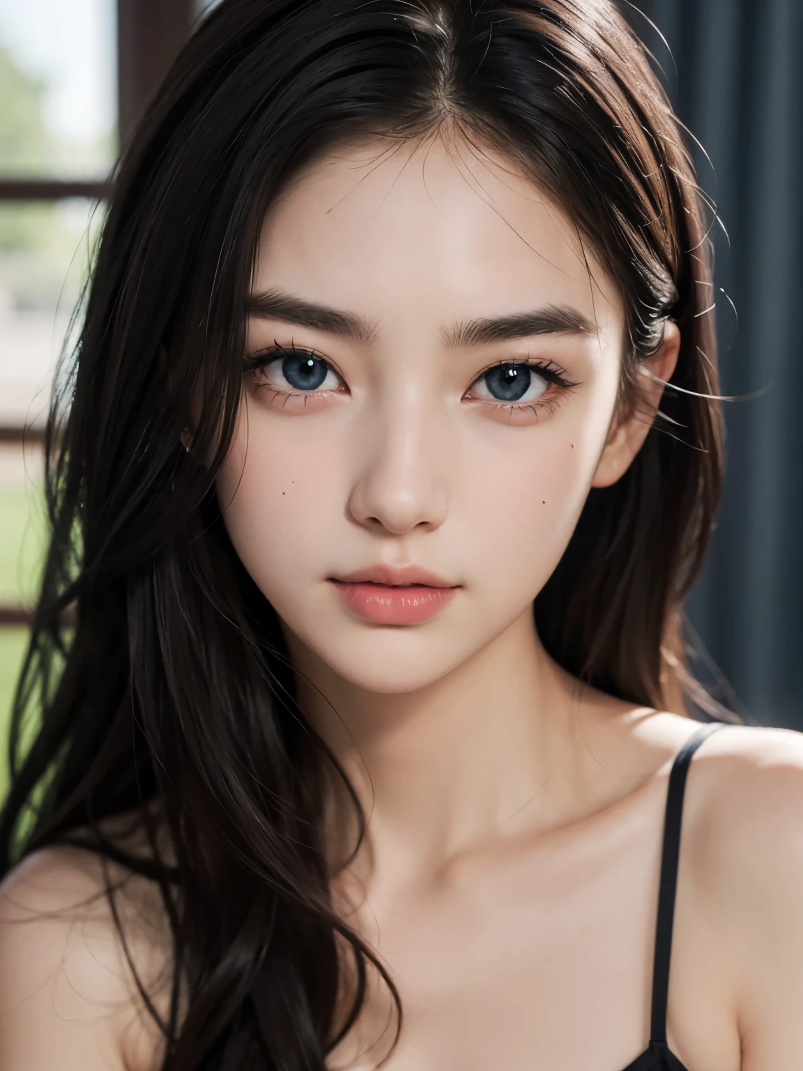 ((masterpiece、highest quality、realistic、Super detailed、High resolution、Photoreal、sharp focus、cinematic lighting))、Stunning portrait of a beautiful woman、bust shot、high color saturation、high contrast、Oval face and symmetrical facial structure、Big eyes、Khazar eye color、almond shaped eyes、straight and balanced nose、soft wavy black hair、heart shaped lip、perfect eyebrows、perfect ears、soft skin、pale white skin、raise your chin slightly、closed your mouth、slight smile 、plain background、focus from the chest up