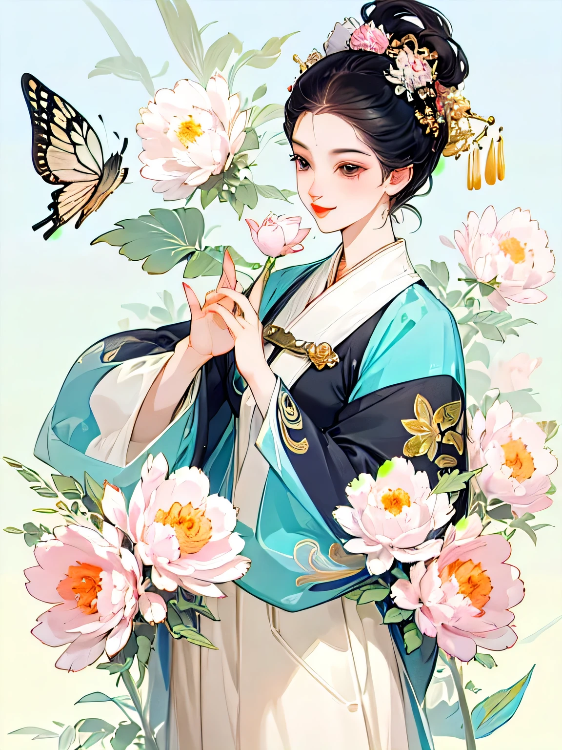 A cheerful elegant 16 years old beauty, dignified and courteous, smart and confident, wearing ancient Chinese clothing, pastel-colored clothes, hand hiding in sleeves, lazy pose, light bright color silk, peony flower, butterflies, ink painting style, clean color, decisive cut, blank space, masterpiece, super detailed , epic composition, bright background