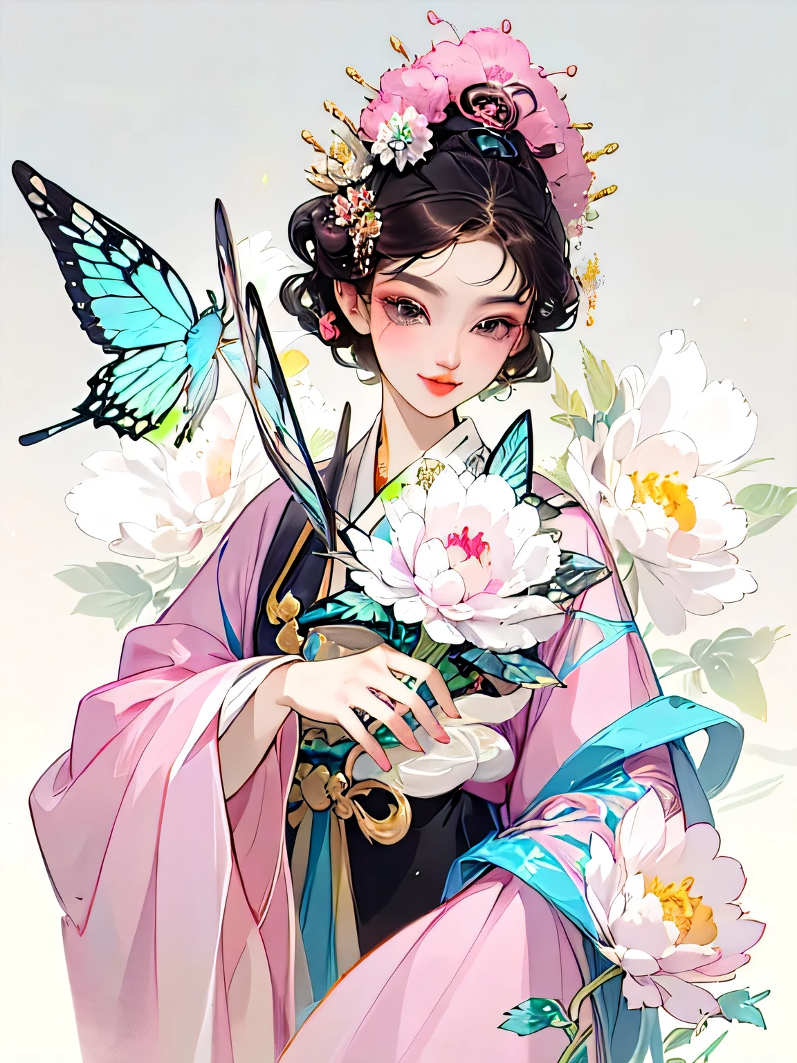 A cheerful elegant 16 years old beauty, dignified and courteous, smart and confident, wearing Hanfu, pastel-colored clothes, hand hiding in sleeves, lazy pose, light bright color silk, peony flower, butterflies, ink painting style, clean color, decisive cut, blank space, masterpiece, super detailed , epic composition, bright background