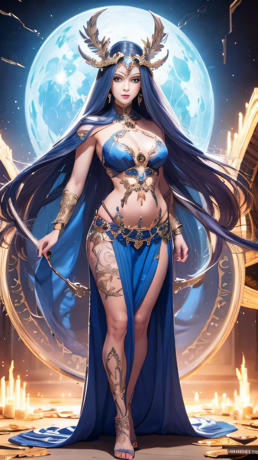 (best qualtiy,ultra - detailed,Most Best Illustration,Best shadow,tmasterpiece,A high resolution,professionalartwork,famousartwork),Detailed eyes,beautidful eyes,cleavage,sci-fy,colored sclera,Robot eyes,face markings,Tattooed with,(fractalized,Fractal eyes),largeeyes,Wide eyes,(Eye focus),sface focus,Cosmic eyes,Space eyes,a woman with a moon in her hair,goddes。(((full body shot))), extremly high detail,a stunning beautiful goddess,hecate goddess,a norse moon goddess,goddess of space and time