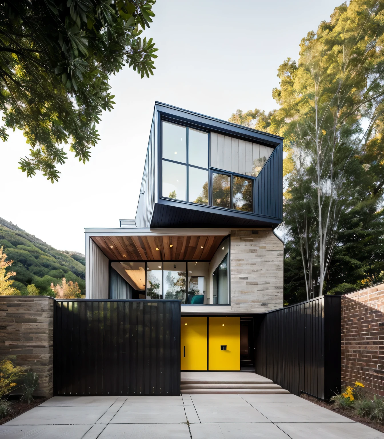 house exterior industry style, dark yellow and green color scheme, like an oldtime industry factory,raw materials, exposed structural elements, and simple, clean lines,rough-hewn steel, polished concrete, glass, and exposured brick,