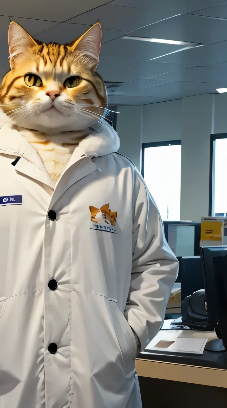 A cat wearing a white coat as a receptionist at a pharmacy、cat with bad eyes、garfield the cat, human cat hybrid, anthropomorphic cat, furry cat, fluffy body, amazing cat, Mugger, furry body