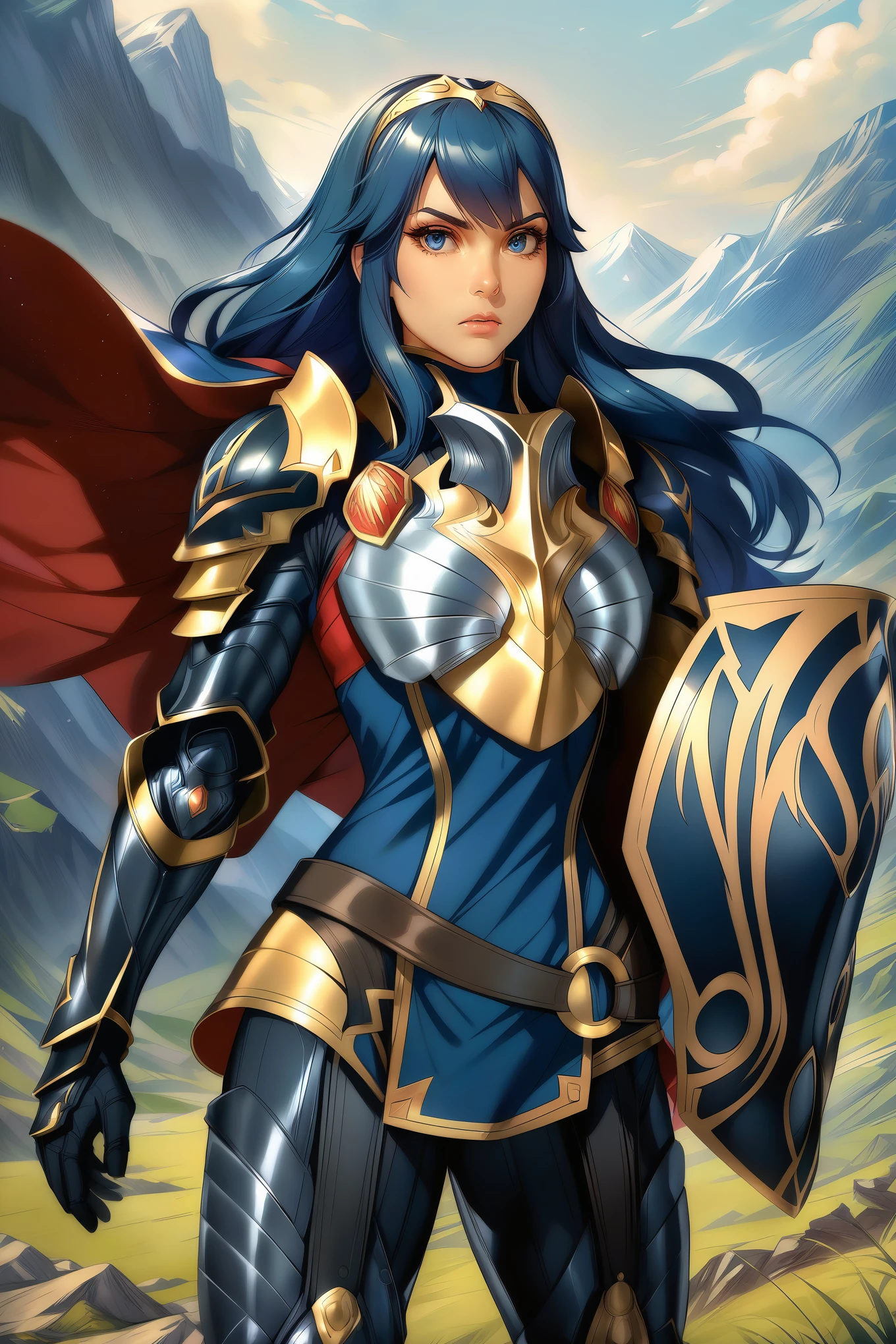 masterpiece, best quality, solo, 1girl, anime coloring, brvLucy, tiara, cape, breastplate, full armor, gauntlets, armored legwear, shield, serious, mountains, sky