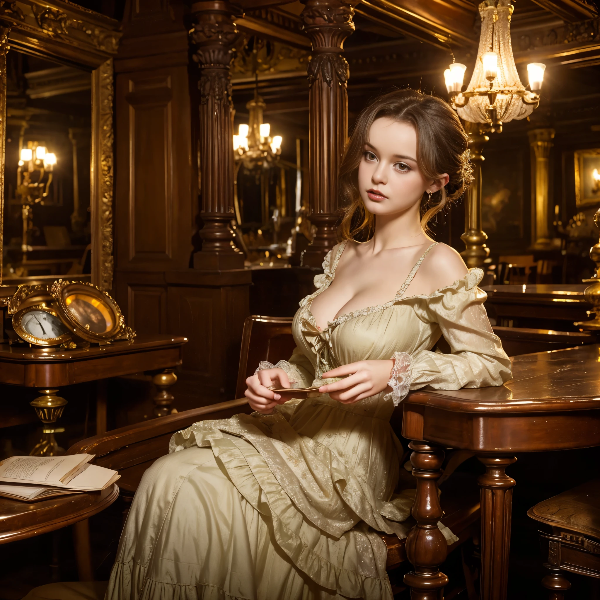 beautiful lady wearing a wrecked Victorian  dress, surrounded by antiques, gaslights, masterpiece, best quality, 8k, renatadaninsky
