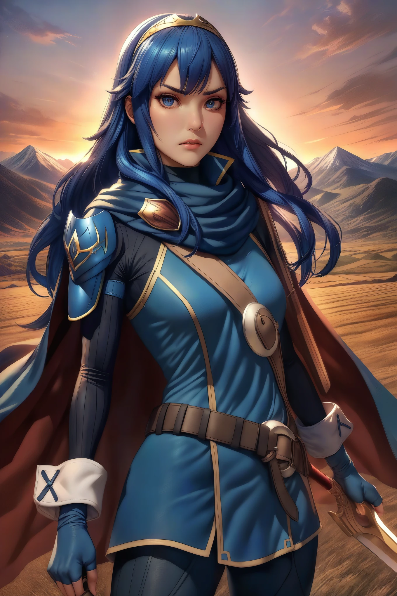 masterpiece, best quality, solo, 1girl, anime coloring, (realistic:0.2) defLucy, long hair, tiara, cape, shoulder armor, blue tunic, long sleeves, cuffs, blue scarf, fingerless gloves, belt, pants, looking at viewer, furrowed brow, serious, holding sword, falchion \(fire emblem\), sunset, mountains, field, sky