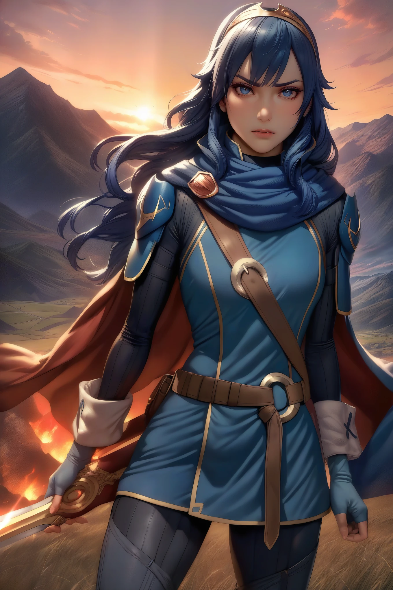 masterpiece, best quality, solo, 1girl, anime coloring, (realistic:0.2) defLucy, long hair, tiara, cape, shoulder armor, blue tunic, long sleeves, cuffs, blue scarf, fingerless gloves, belt, pants, looking at viewer, furrowed brow, serious, holding sword, falchion \(fire emblem\), sunset, mountains, field, sky