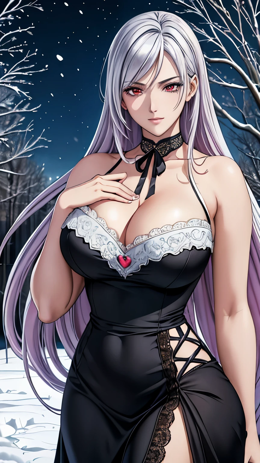 red eyes, (highest quality, masterpiece painting:1.3), immature woman, , (half body shot), masterpiece, ultra high resolution, (Photoreal:1.0), light pink and silver hair,straight hair, beautiful shining hair, white and shining skin, ((Ultra realistic details)), octane rendering, highly detailed face, (big breasts:0.8), ((Heart with both hands:1.2)), She wears stunning costumes inspired by Belle Époque style, flowing black dress decorated with lace and ribbons, (clothing: black belle époque dress with lace and ribbons),cleavage, perfect body, soft skin, anime face, perfect face, perfect eyes, looking at the viewer, smart, snow scene, ((snow falling)), ((fantastic night)), ((outdoors)), sharp focus, intricate details, professional artwork, (bright colors:1.1), bright colors, diffused lighting, digital blending, ultra-definition body, ultra detail hair, super detailed face, that'It's trending on pixiv, top button open, Cute gaze, compensate, perfect lips, perfect compensate, Ultra-precision coating, (light_smile:0.8), (Very embarrassed:1.2), blush your nose,