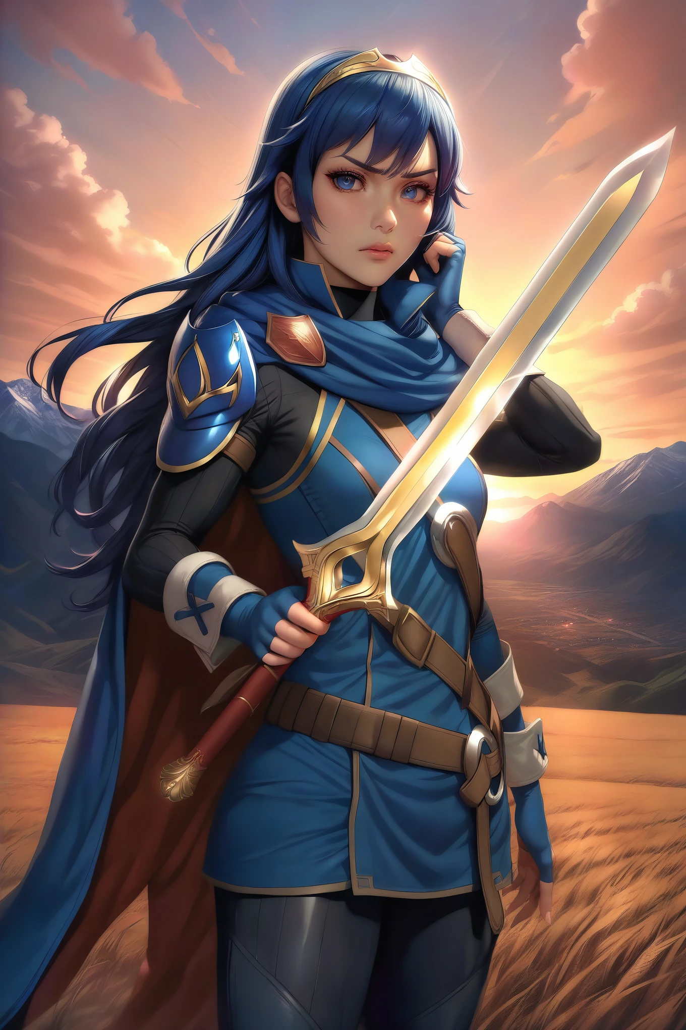 masterpiece, best quality, solo, 1girl, anime coloring, (realistic:0.2) defLucy, long hair, tiara, cape, shoulder armor, blue tunic, long sleeves, cuffs, blue scarf, fingerless gloves, belt, pants, looking at viewer, furrowed brow, serious, holding sword, falchion \(fire emblem\), sunset, mountains, field, sky
