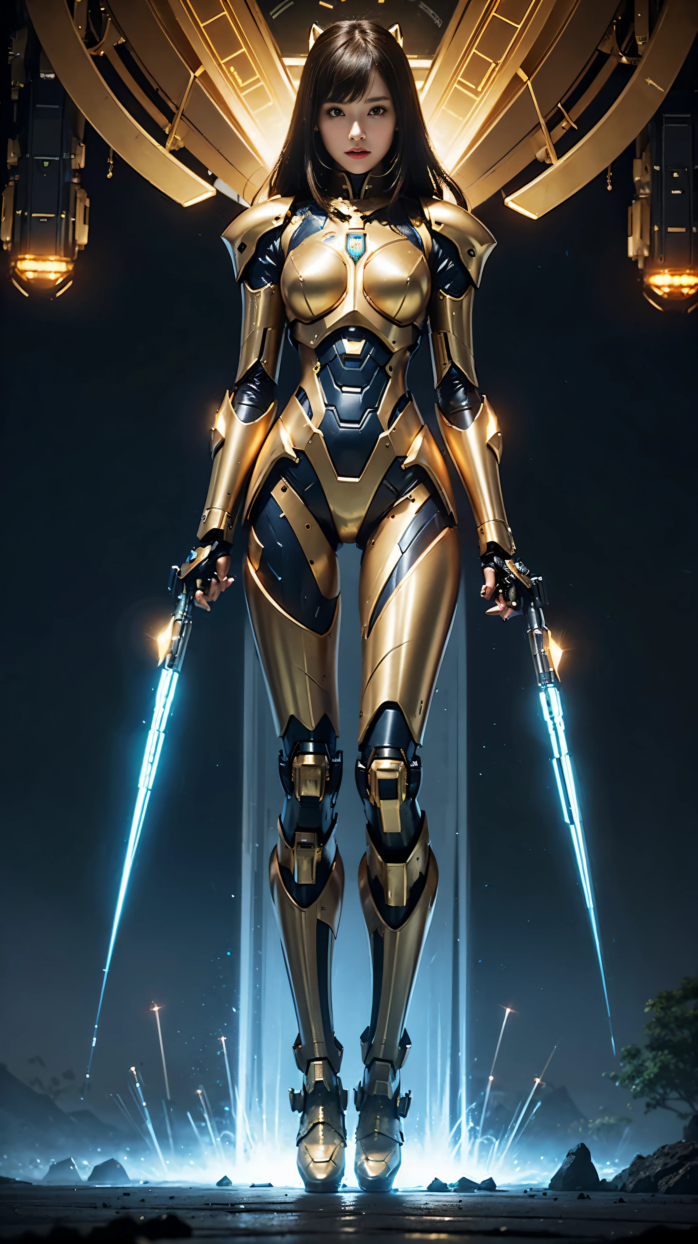 A woman in a futuristic suit stands in front of a spaceship, Mecha cyber armor girl, Female mecha, Complex luminous mecha, Beautiful character design, Golden sci-fi armor, Humanoid mecha, Golden armor, Covered in full metal armor, Mechanized Valkyrie, Golden cat armor knight, Golden armor, amazing armor