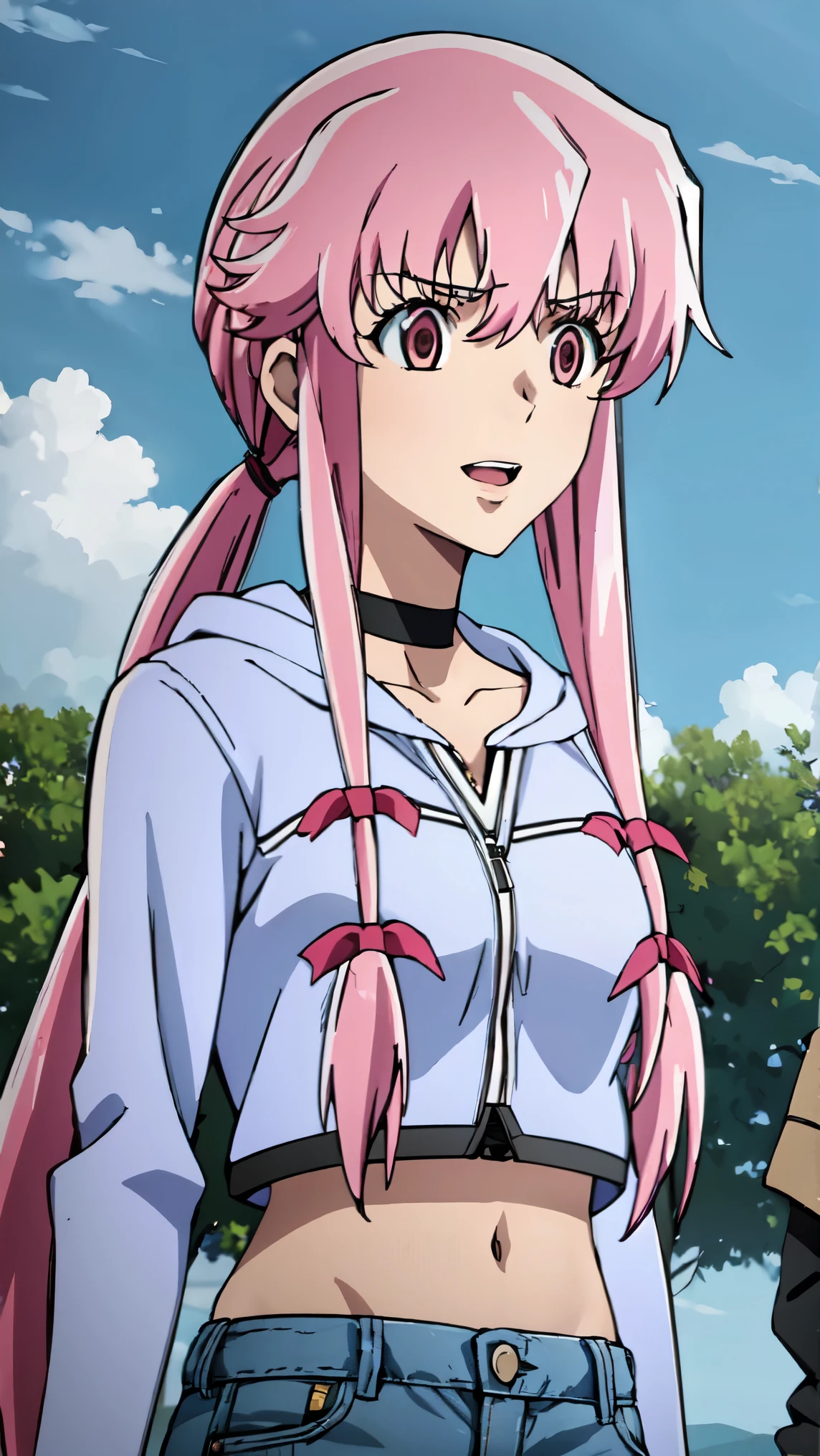 1girl, balloon, outdoors, denim, solo, pants, jeans, smile, pink_hair, choker, sitting, looking_at_viewer, hood, navel, pink_eyes, breasts, day, black_choker, midriff, long_sleeves, hoodie, collarbone, sky, grass, bangs, long_hair, blue_sky, open_mouth, sidelocks, tree, bench, hair_bow, twintails, black_hoodie, bow, hair_between_eyes, hood_down, cloud, building, medium_breasts, crop_top, teeth, blurry