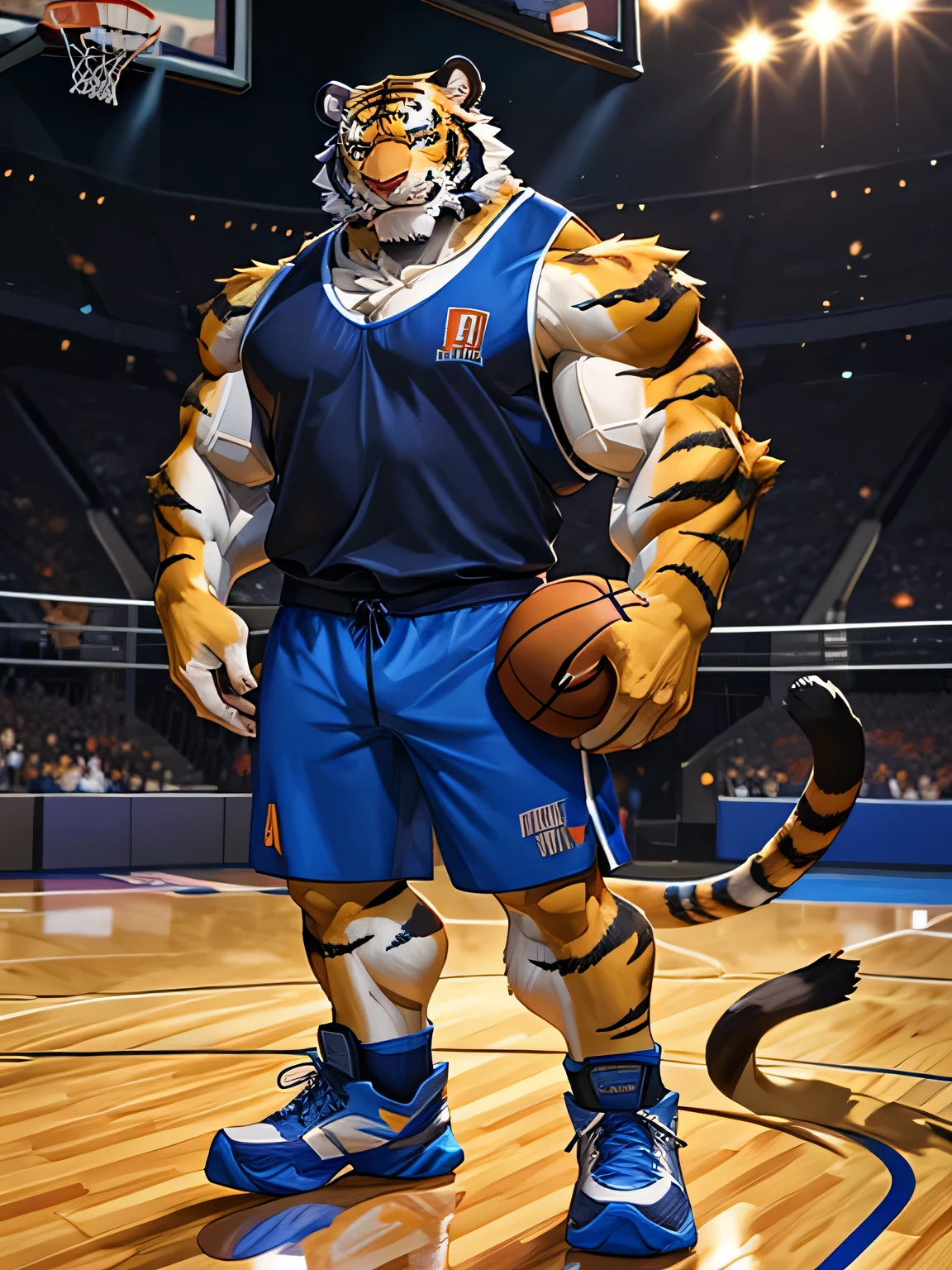 blue glowing eyes,Yellow Tiger,Poker face,Strong body,White sports vest,Developed chest muscles,muscular,perfect face,Embrace basketball,Blue and white sneakers