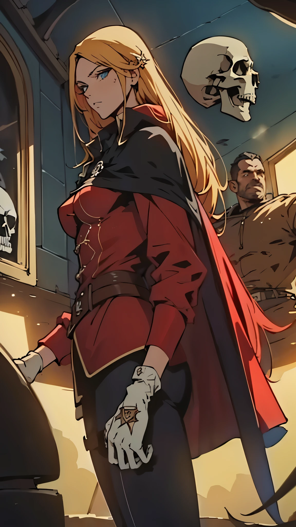 masterpiece, ultra quality, Beautiful detailed, extremely detailed,16K, exquisite, absurdity, highres, Beautiful background, Beautiful eye, Beautiful skin, anime style, 1 girl, standing, (cowboy shot:1.5), BREAK emerald, blue eyes , very long eyelashes, slit eyes, (skull and skull clothing), black cloak, gloves, shiny blonde hair, skull hair ornament, (facial scar), weapon, boots, medium breasts, (red clothing: 1.5), looking up from below, Ascot, BREAK surreal, photorealistic: 1.3, 3D, ultra_detailed, masterpiece, 8k illustration, extremely detailed CG unity 8k wallpaper, highest quality, absurdity, official art, dramatic lighting, detailed skin texture, detailed cloth texture, beautiful detailed face, intricate details, ultra detailed, rim lighting, side lighting, cinematic light, ultra high res, 8k um, film grain, best shadows, delicate, raw, BREAK stars \(sky\), cinematic lighting, space, holster,