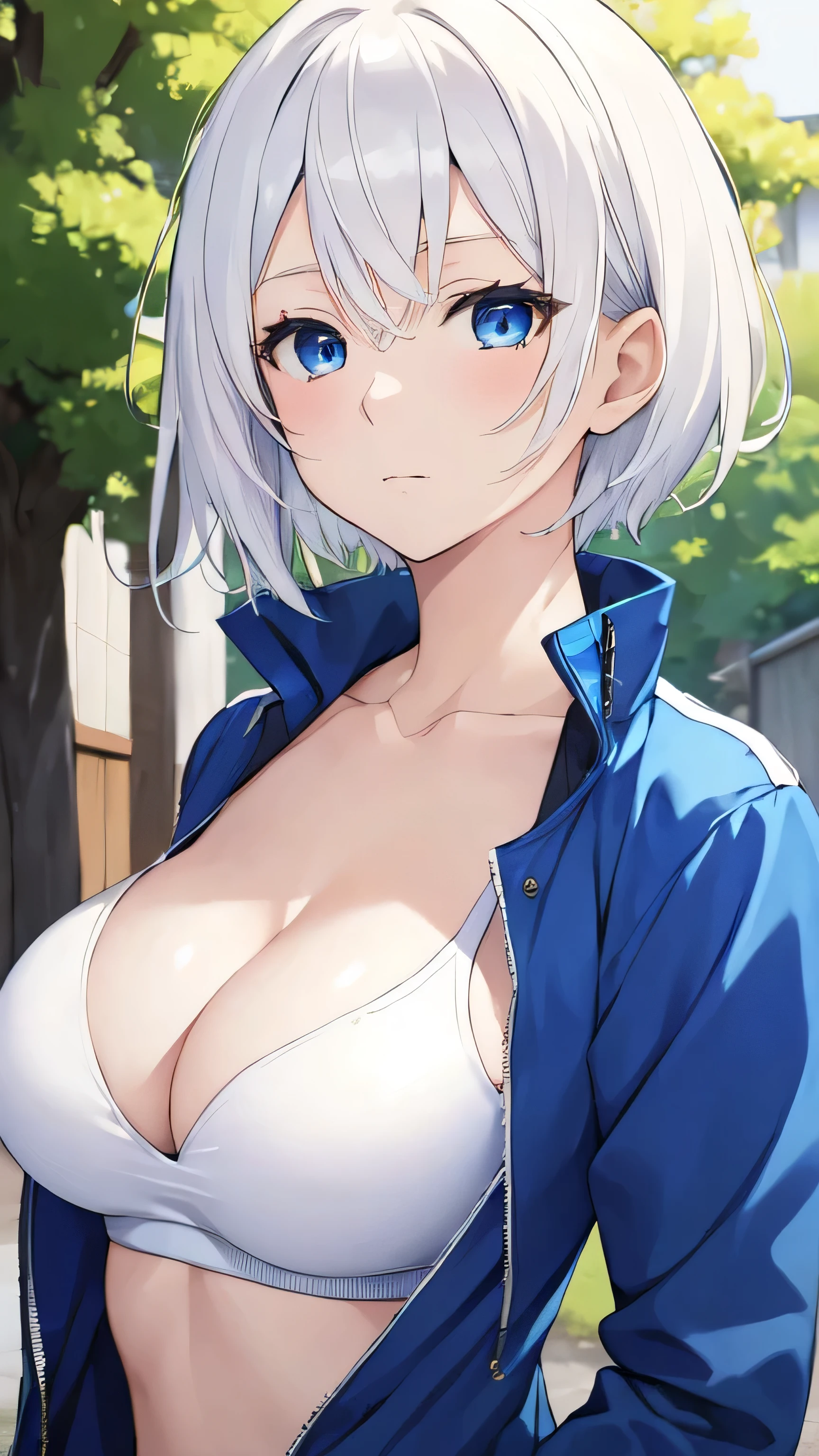 (((masterpiece))), ShizukaMikazuki, 1girl, solo, looking at viewer, short hair, white hair,blue eyes, long sleeves, cleavage, big breasts, closed mouth, collarbone, jacket, open clothes, open jacket, blue jacket, ground vehicle, sports bra,senior high School