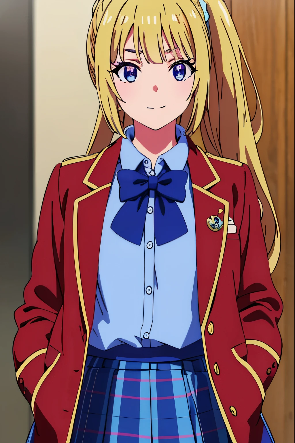 KeiKaruizawa, Kei karuizawa, long hair, bangs, blunt bangs, (purple eyes:1.1), blonde hair, shirt, hair ornaments, ponytail, Scrunchie, blue Scrunchie, smile,
break skirt, shirt, bow, , Jacket, (red Jacket:1.2), pleated skirt, bowtie, sweater, (blue bow:1.2), (blue shirt:1.2),
break indoors, classroom,
break looking at viewer, (cowboy shot:1.5),
break (masterpiece:1.2), highest quality, High resolution, unity 8k wallpaper, (figure:0.8), (detailed and beautiful eyes:1.6), highly detailed face, perfect lighting, Very detailed CG, (perfect hands, perfect anatomy),