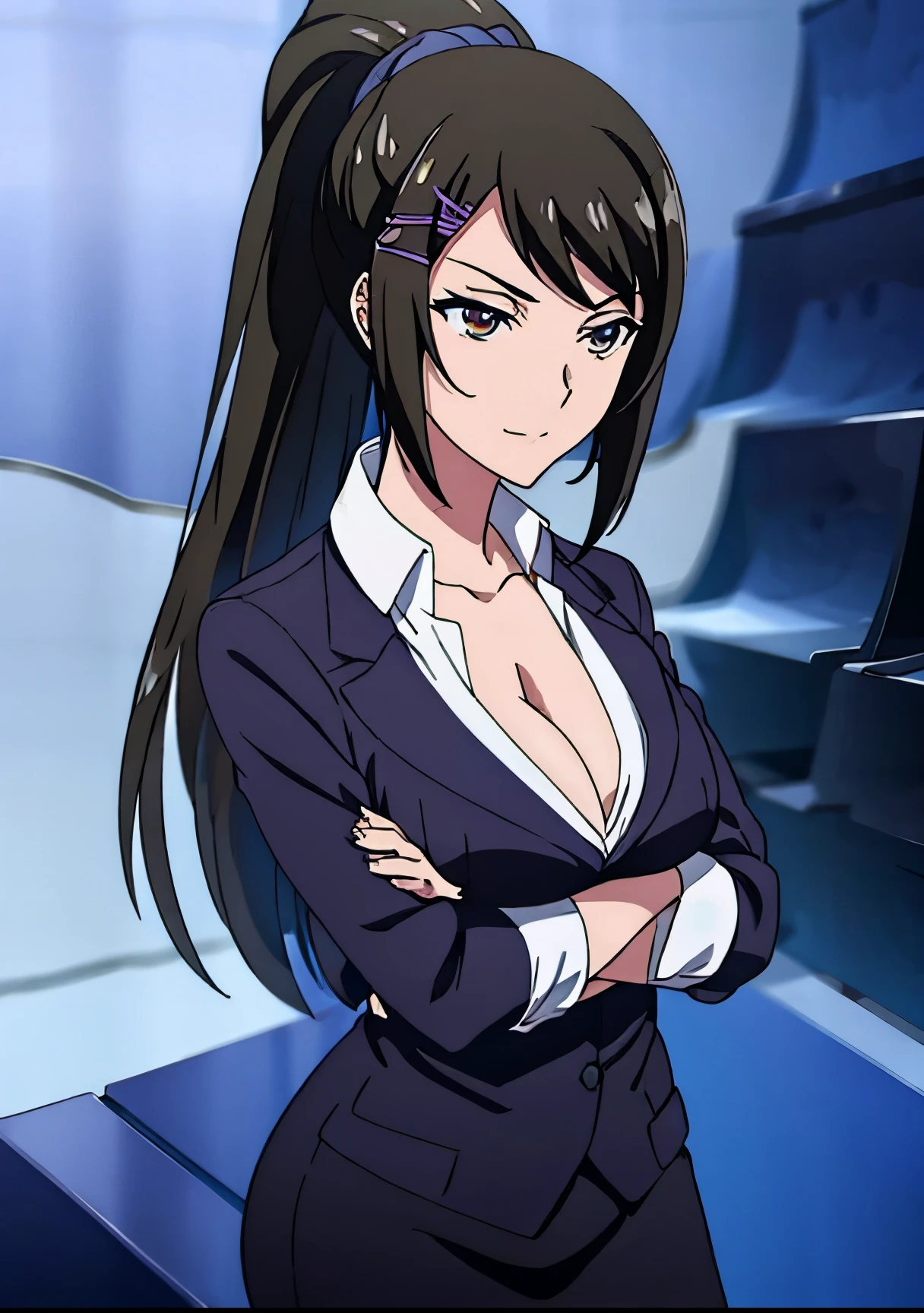 Chabashira, 1 girl, ponytail, black hair, hair clip, chest, cleavage, formal, suit, pencil skirt, black pantyhose,
(looking at the viewer), high heels, smile,
[anime screenshot::0.8], masterpiece,highest quality,(arms crossed:1.3)