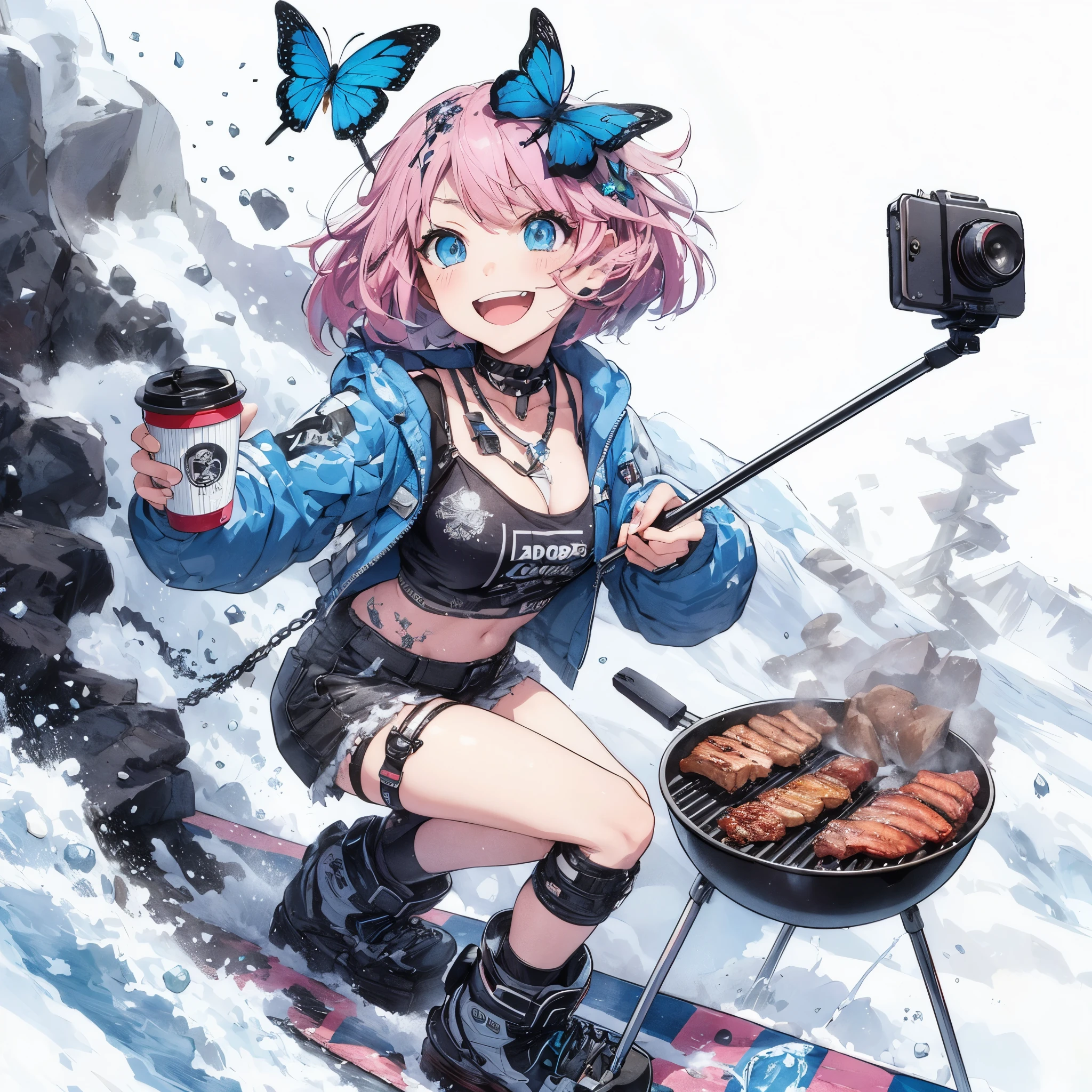 "In an anime-style scene, a girl with pink bob hair and blue eyes casually drinks coffee while surfing an avalanche. Dressed in a punk outfit with blue butterfly accessories, she grills meat on a BBQ amid snowy chaos, black smoke swirling around. She wields a selfie stick for her action camera, capturing her mischievous smile. The illustration combines watercolor textures, sharp linework, and cell shading for quality."