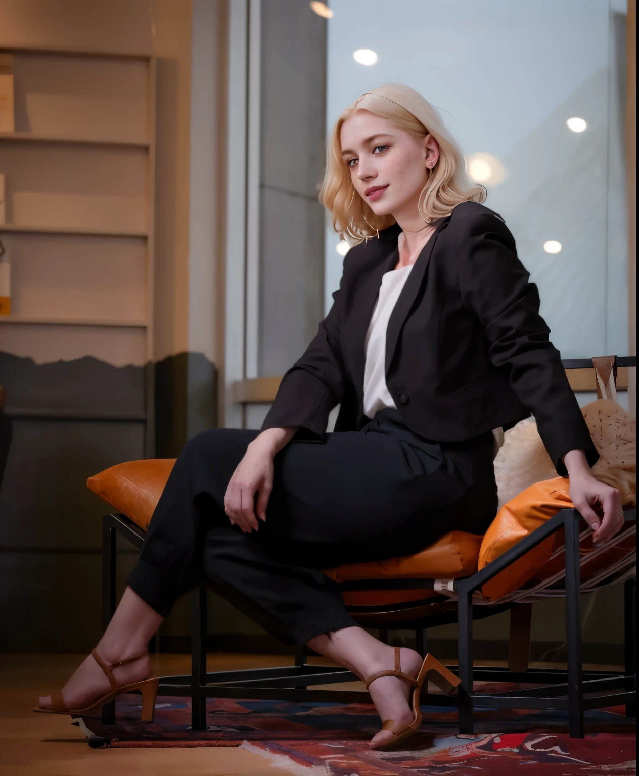 mulher, americana, 35 anos, pale skin and freckles, olhos cinzas, nariz delicado, soft and delicate lips, longo, cabelo blondie longo e ondulado na altura da cintura, sorriso meigo, face with delicate feminine facial features, altamente renderizado