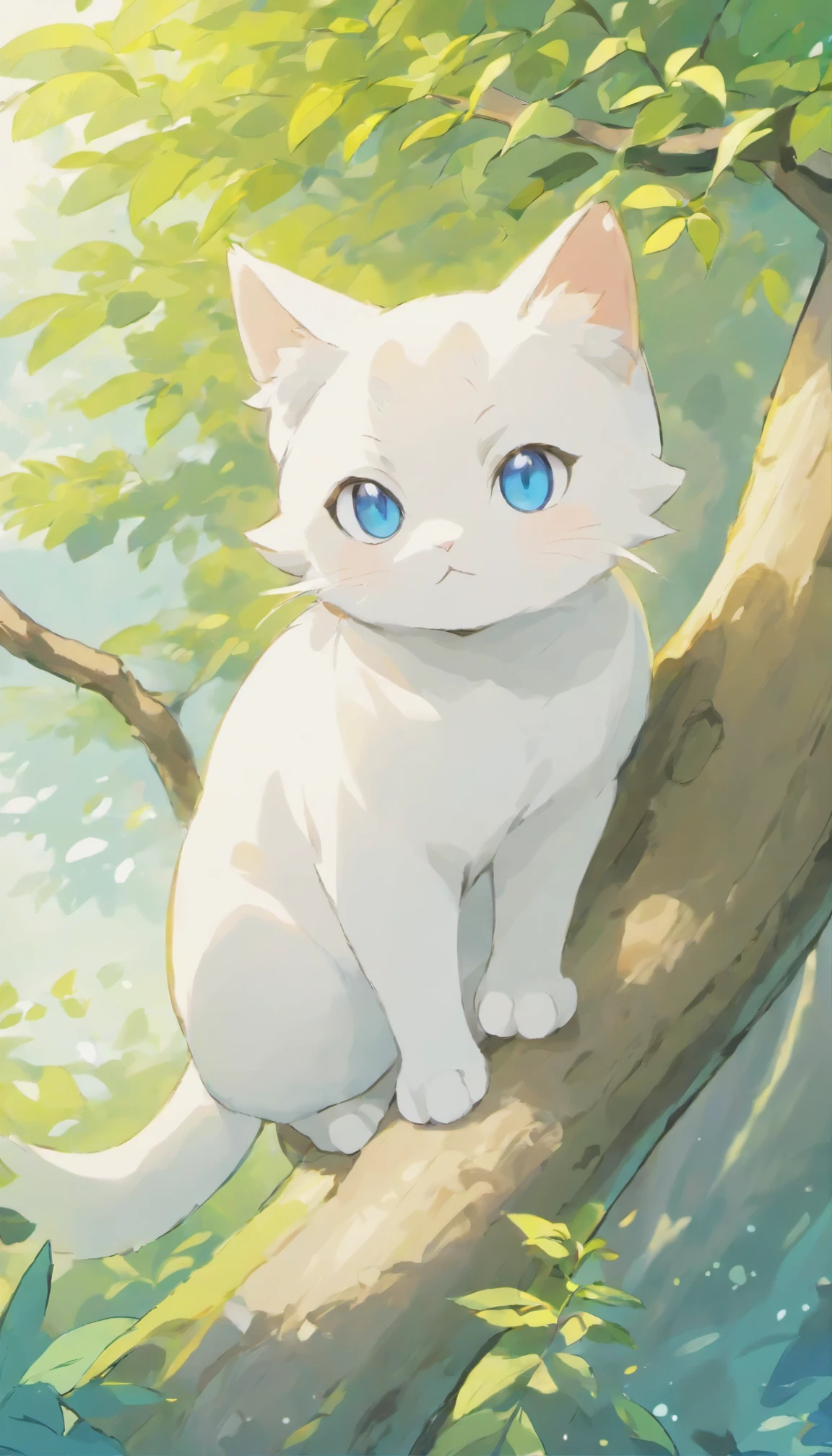 white cat、blue eyes、look sideways、大きな湖を背景にFantastic森の中、grace、narrow her eyes、Fantastic、situation々and have、Condescending、Go straight towards the tree branch