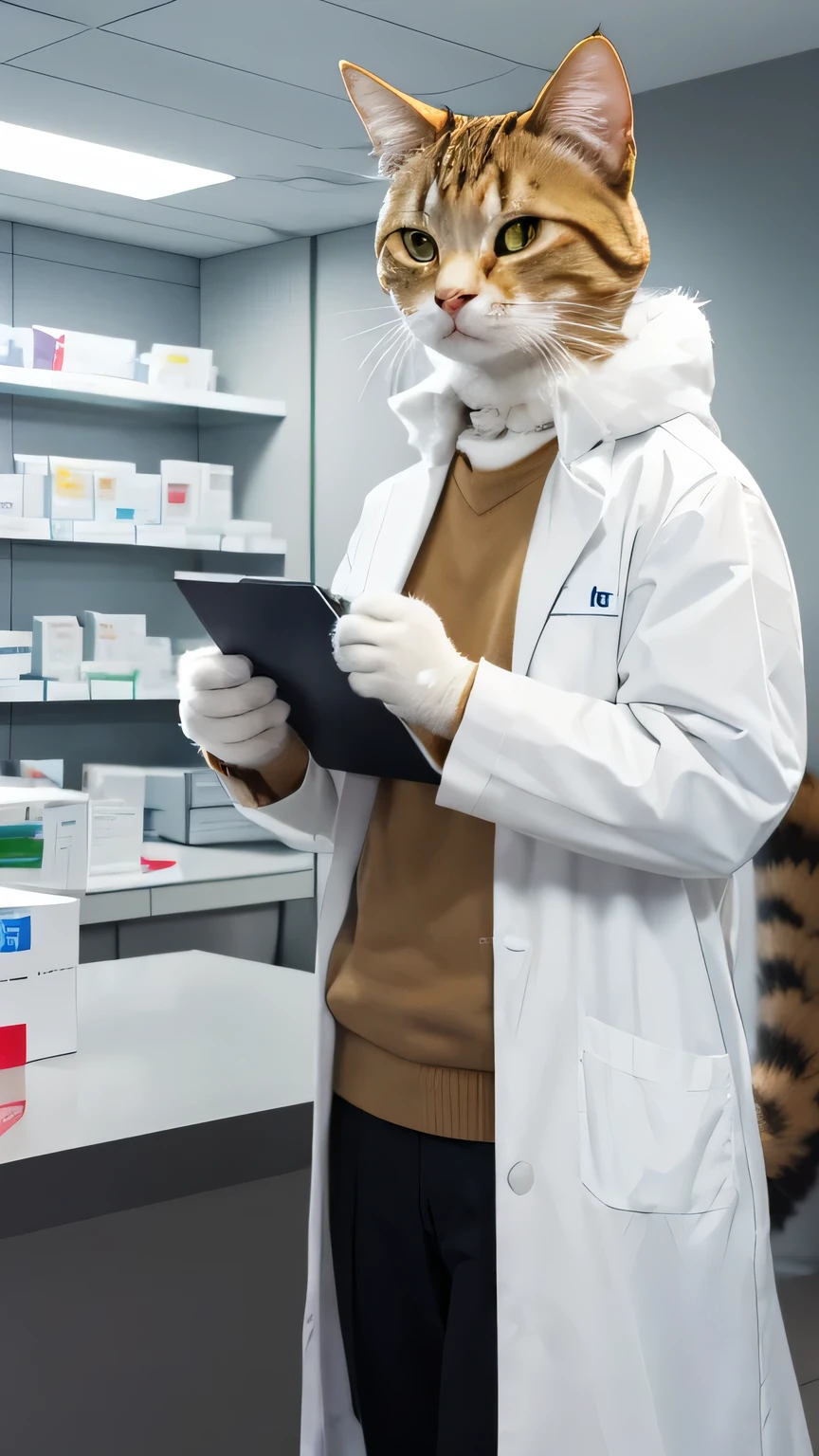 A cat wearing a white coat as a receptionist at a pharmacy、Cat taking medicine out of the sheet、cat with bad eyes、garfield the cat, human cat hybrid, anthropomorphic cat, furry cat, fluffy body, amazing cat, Mugger, furry body