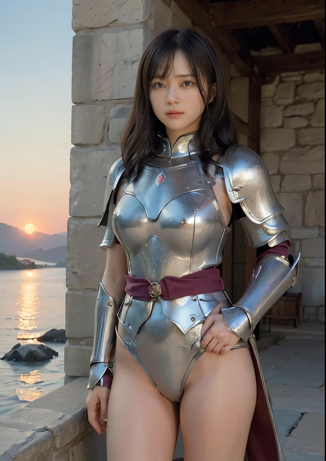 smile、((NSFW))、((camel toe))、((woman器:1.1))、(masterpiece、best image quality:1.2)、8K、beautiful girl、wearing a cloak、(you can see her naked lower body.、Clothing that shows the crotch:1.5)、((dragon quest:1.2))、((woman主人公がファンタジーな冒険に出かける.......:1.5))、RPG、cute face、sunset、Cloth wrapped around the waist、prepare the sword、Inside the stone fort、((woman'armor:1.3))、shore of a big lake、A castle can be seen on the lake、Let's go on an adventure