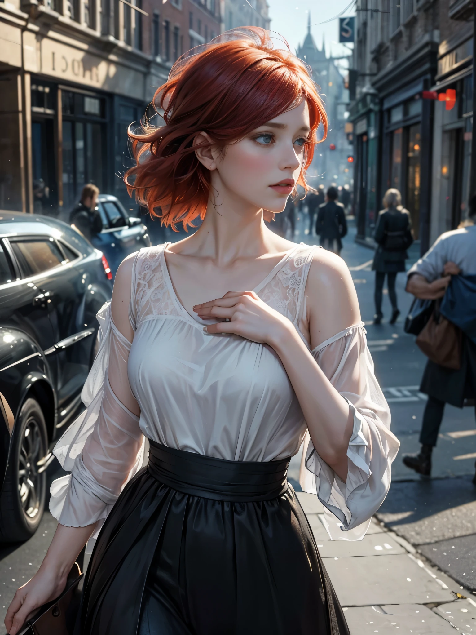 Painting of a beautiful red-haired white woman standing on a street corner, with influence of Jeremy Mann, Jeremy Mann, style of Jeremy Mann, Jeremy Mann painting, Jeremy Mann art, Ron Hicks, Liepke, Jeremy Mann and alphonse mucha, Works that influenced Edmund Blampid, robert lenkiewicz, Casey Baugh and James Jean, Works that influenced Willem Kalf, Nick Alm, tumbler, figurative art, intense watercolor, watercolor detailed art,Beautiful and expressive paintings, Beautiful artwork illustration, wonderful, cool beauty, highest quality, official art, perfect composition,perfect angle, best shot, women only, sharp outline, Mysterious, nostalgia, nostalgia, romantic, fantasy, The blurred boundary between past and present, very beautiful and detailed eyes, beautiful and delicate eyes, ideal animation, In search of lost time, marcel proust, sentimental, London in the first half of the 20th century, Close-up