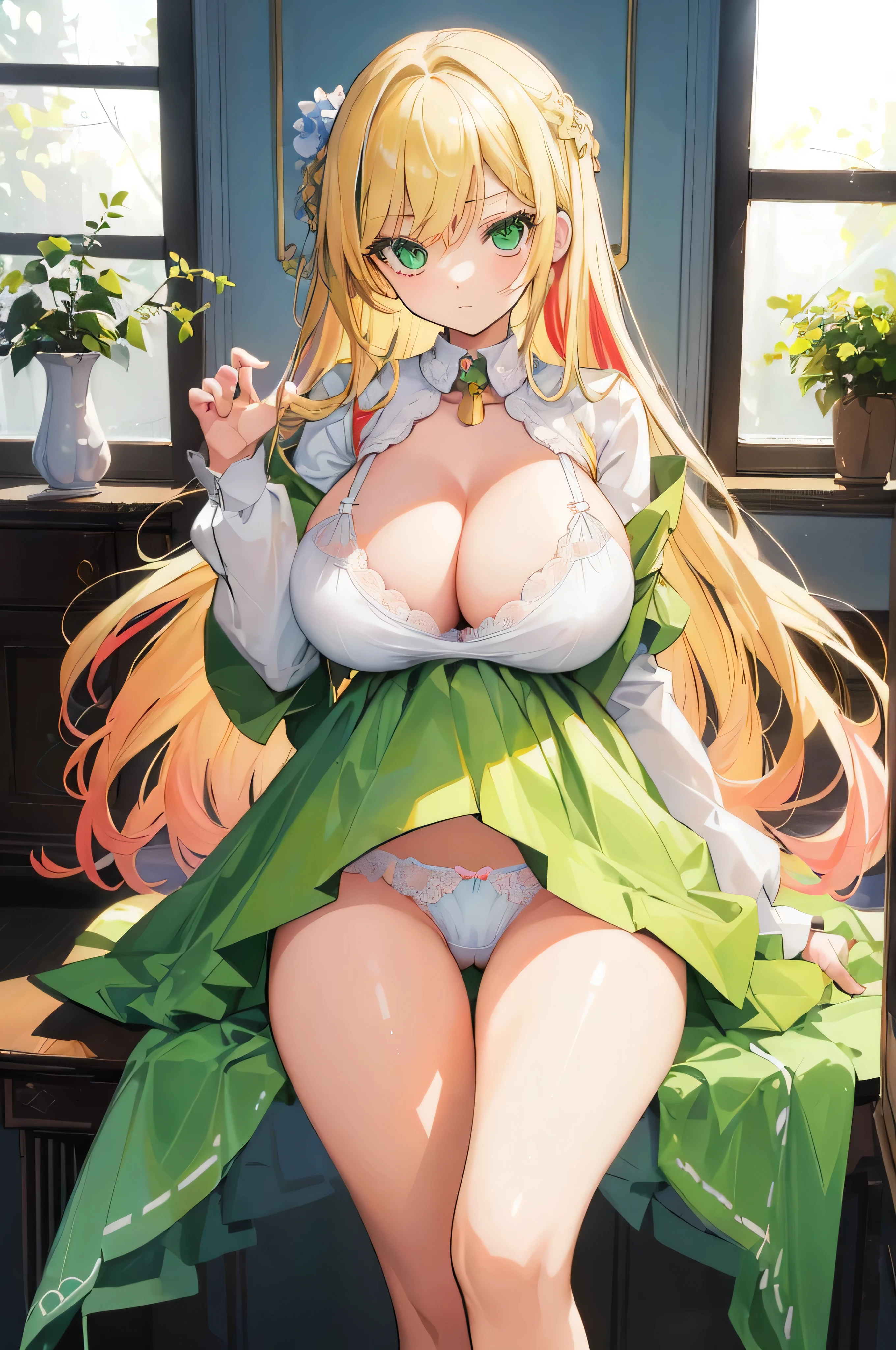 Masterpiece, best quality, finely detailed, 1Girl, (blonde hair), (bishoujo), cute, (bright green eyes), (eyelashes), (huge breasts), (cleavage), (multicolorde underwear:1.2), Lamp, window, night, delicate interior design,