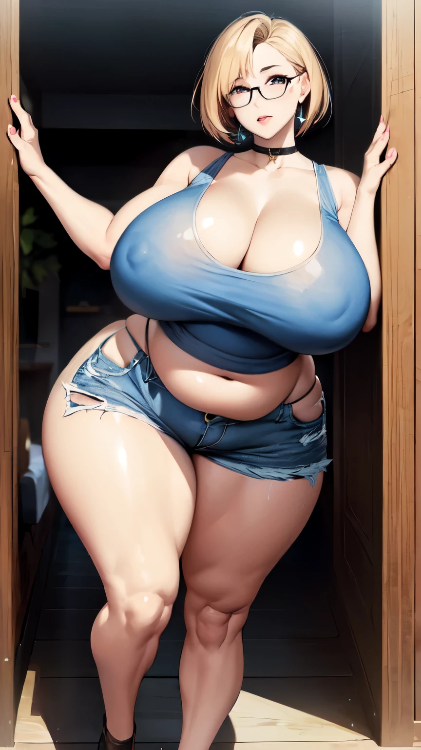 huge breasts, big hips, Tank top, denim shorts, full body shot, Mature mother, Whip lower body, plump thighs, calf, bewitching mature woman, perfect body, plus size model,