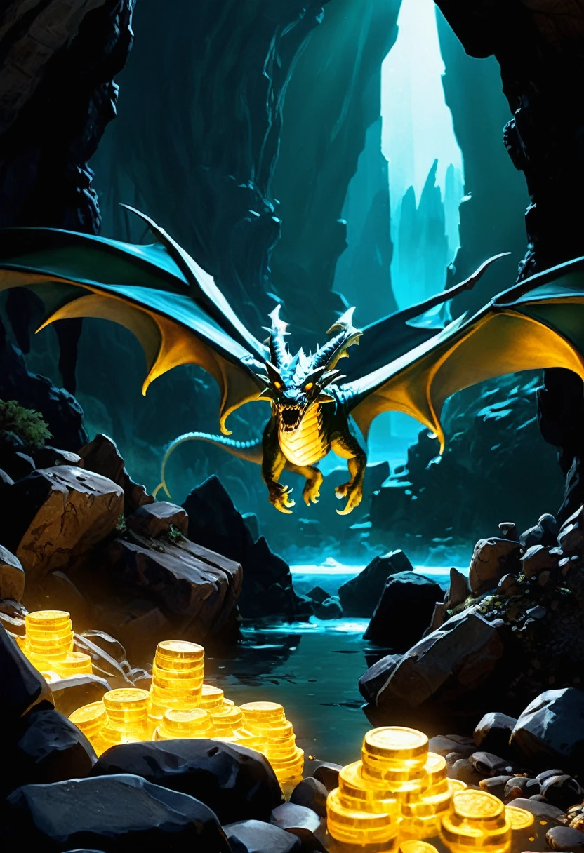 In the heart of a vast cavern, surrounded by towering stalactites and stalagmites, lies the ancient Dragon's Lair. The ground is littered with gold coins and glimmering gemstones, remnants of countless adventurers who dared to challenge the mighty dragon that calls this place home. The dragon itself, with scales as black as midnight and eyes that gleam with intelligence, coils protectively around a massive pile of treasure.

In the background, a faint glow emanates from a mysterious crystal formation, casting eerie shadows across the chamber. The air is thick with the scent of sulfur and the distant sound of dripping water echoes off the cavern walls.

Amidst this scene, a group of brave adventurers stands ready for battle. A valiant knight in shining armor, a wise elf with a bow drawn taut, a cunning rogue poised for stealth, and a powerful wizard crackling with arcane energy. They are determined, their expressions a mix of determination and fear, ready to face the ultimate challenge of their quest.

Your task is to create an image capturing this dramatic moment in a Dungeons and Dragons adventure. The focus should be on the dragon, the treasure trove, and the diverse group of adventurers preparing for the battle of their lives.